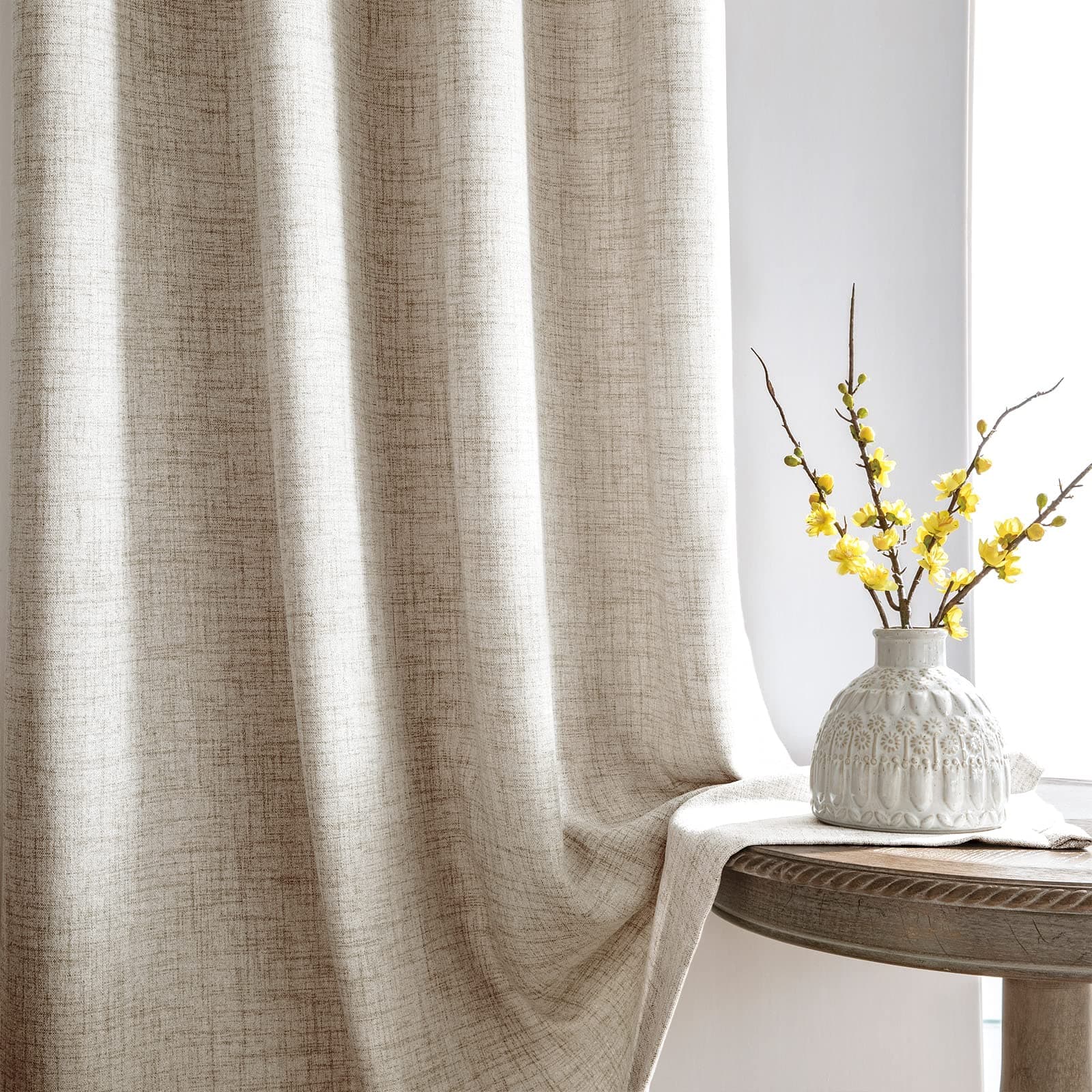 Melodieux Rideau Linenlook Semi-Transparent Voilage à Galon fronceur, Beige 140x260 cm