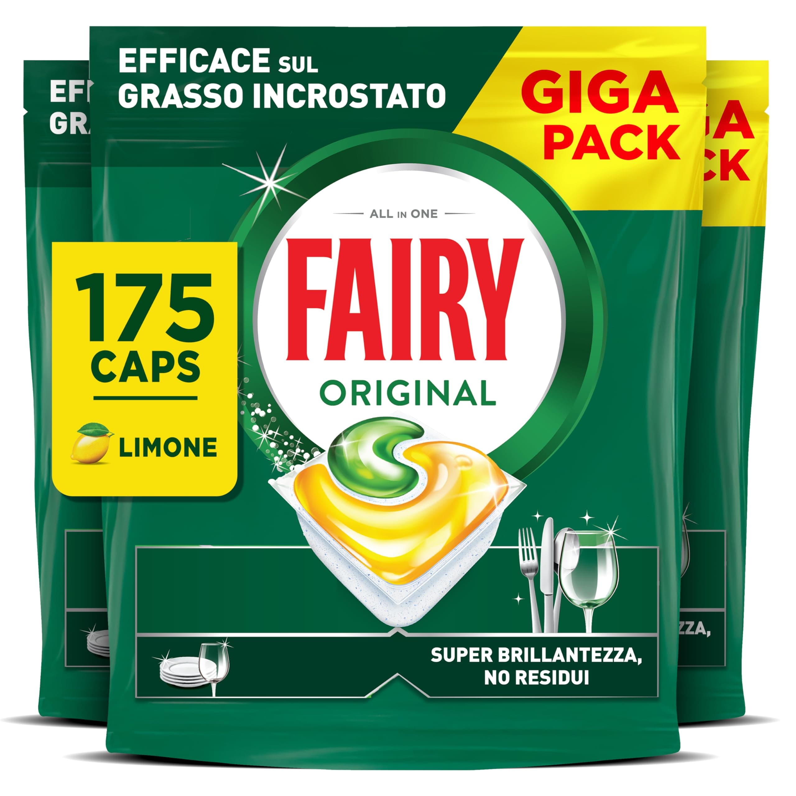 Fairy Original Detersivo Pastiglie Lavastoviglie Brillantante, 175 Capsule Lavastoviglie, Original Limone, Azione Pulente Al Primo Lavaggio, Efficace Sul Grasso Incrostato Con Azione Brillante