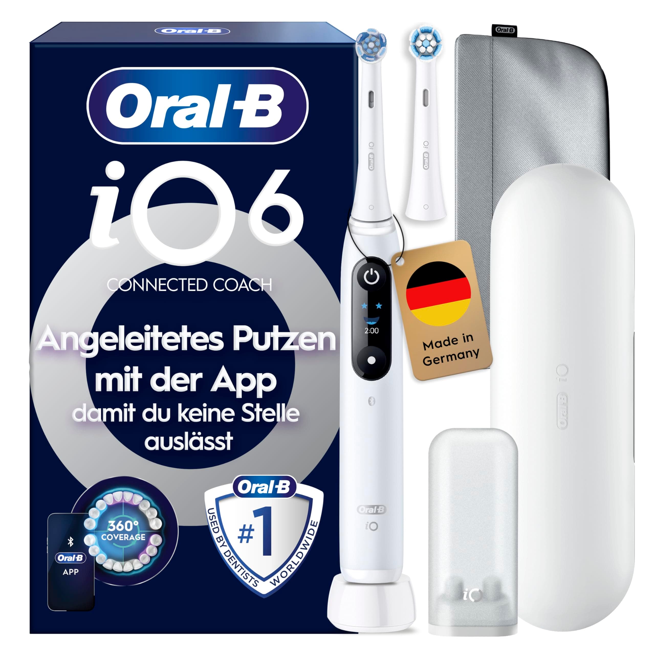 Oral-B iO Series 6 Elektrische Zahnbürste — Electric Toothbrush Inkl. 2 Aufsteckbürsten, Reise-Etui, 5 Putzmodi für Zahnpflege — Zahnbürste Elektrisch, Designed by Braun — Weiß