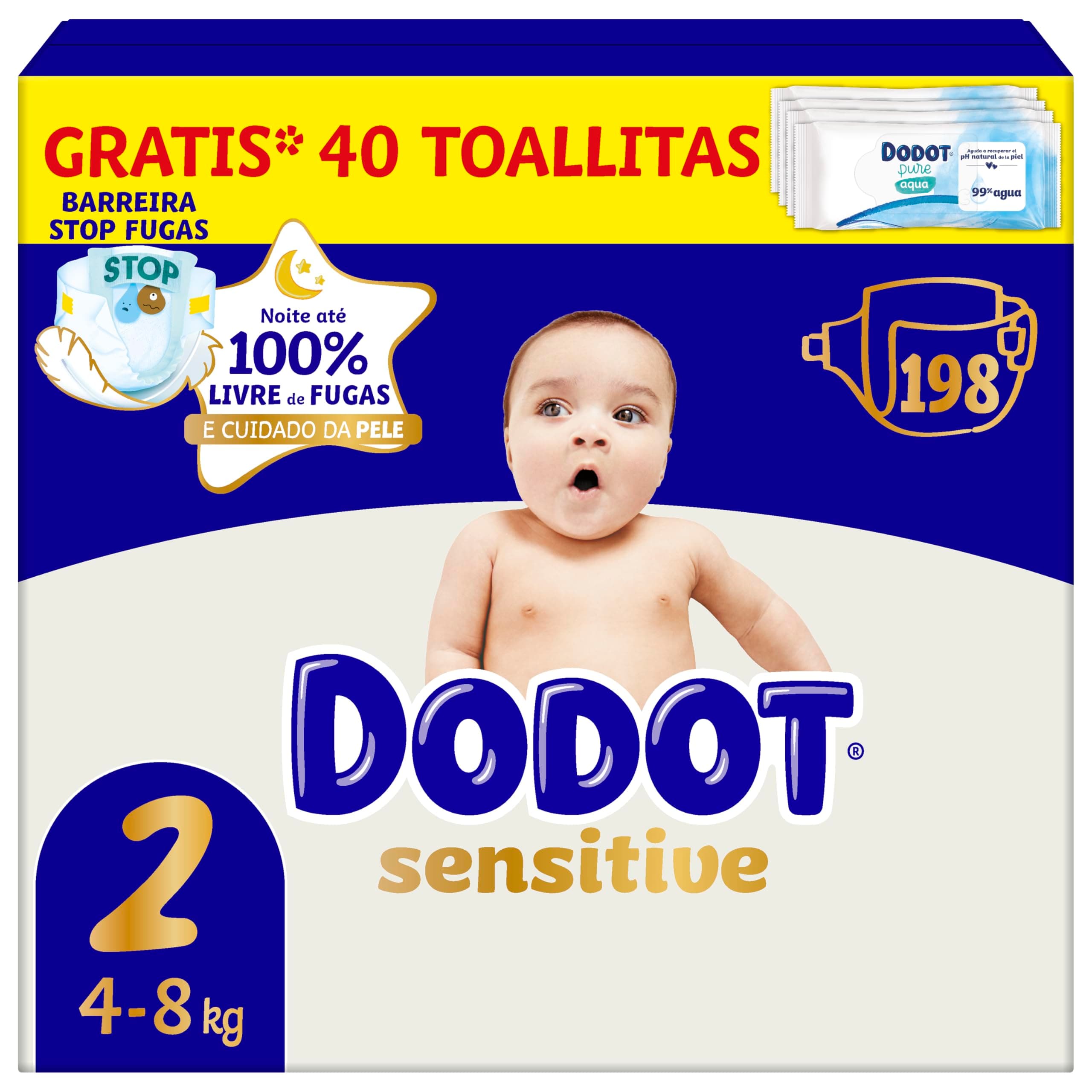 Dodot Pañales Bebé Sensitive, Talla 2 (4-8 kg), 198 Pañales + Regalo de 40 Toallitas Aqua Pure 99% Agua, Hasta 12 h De Protección Antifugas y Cuidado de la Piel, Pack Mensual