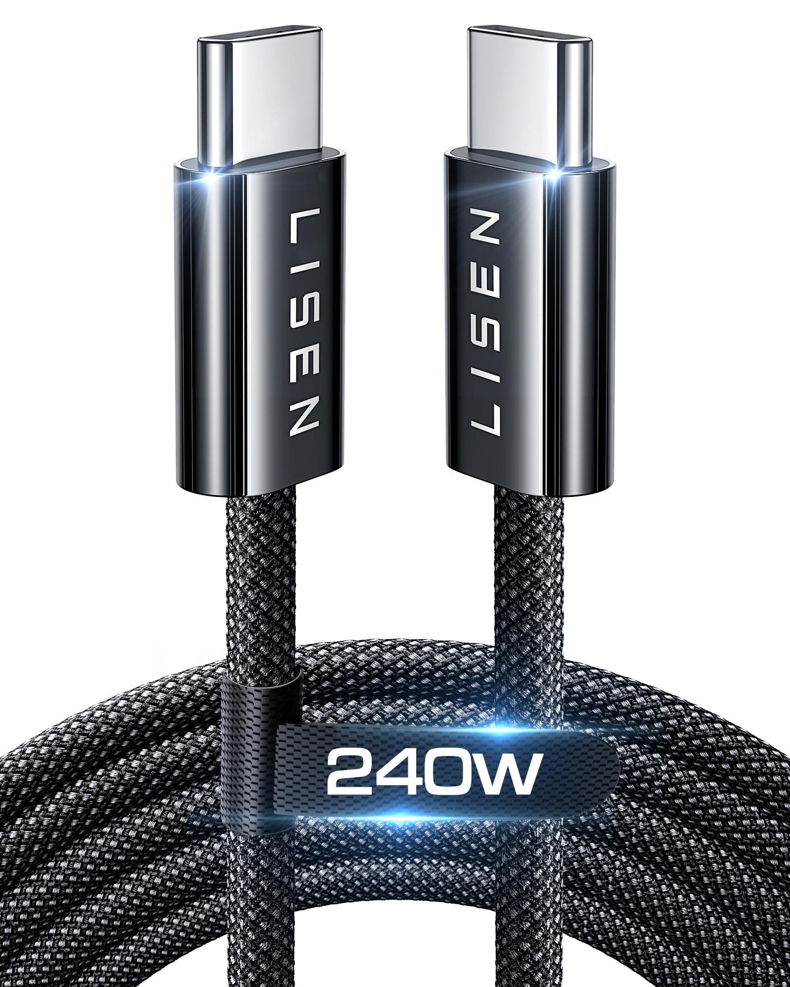 LISEN 240W Cable USB C Charge Rapide, 2m PD 5A Cable USB C vers USB C Câble USBC Chargeur Nylon Tressé pour iPhone 17 16 Samsung S25 Ultra iPad Air MacBook Pro Google Pixel 9 Xiaomi 17 Switch, Noir