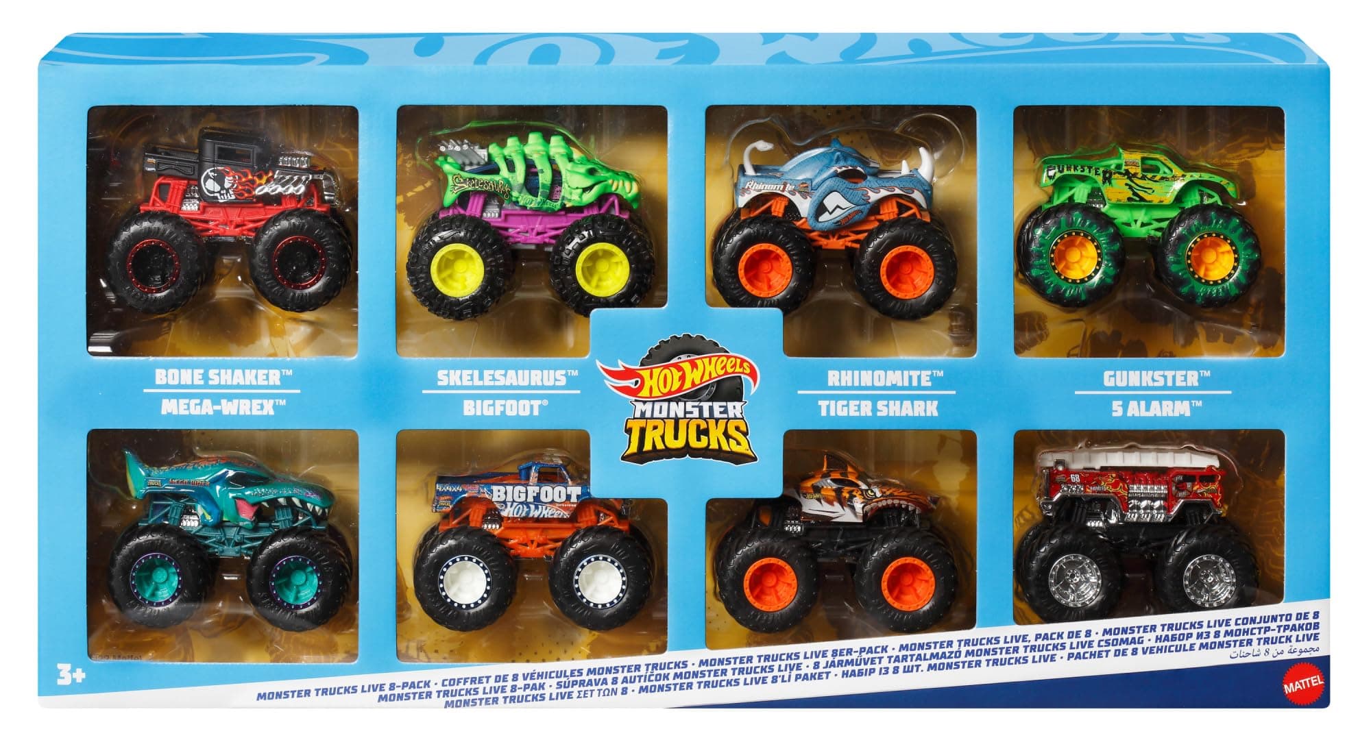 Hot Wheels Monster Trucks - Set da 8 camion die-cast in scala 1:64, con Hero e i personaggi più amati di Monster Trucks Live e della serie YouTube Kids, giocattolo per bambini, 3+ anni, JCW76
