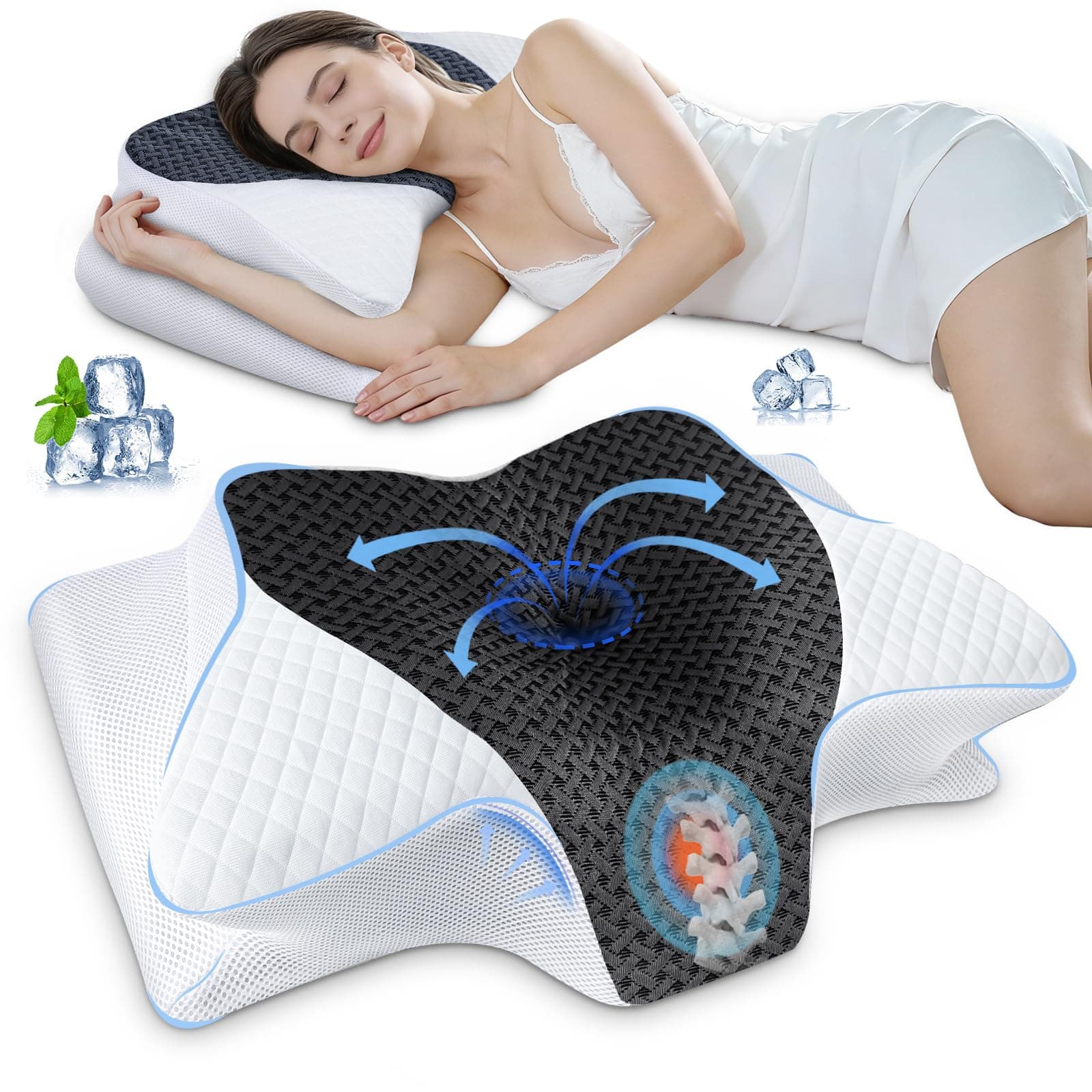 SAHEYER Cuscino Cervicale, 2 in 1 Cuscino Ergonomico Memory Foam per Dormire il Supporto della nuca, 2 Altezza Cuscino Ortopedico per Alleviare il Dolore al Collo, 60 x 35,5 x 13/10 cm, Grigio