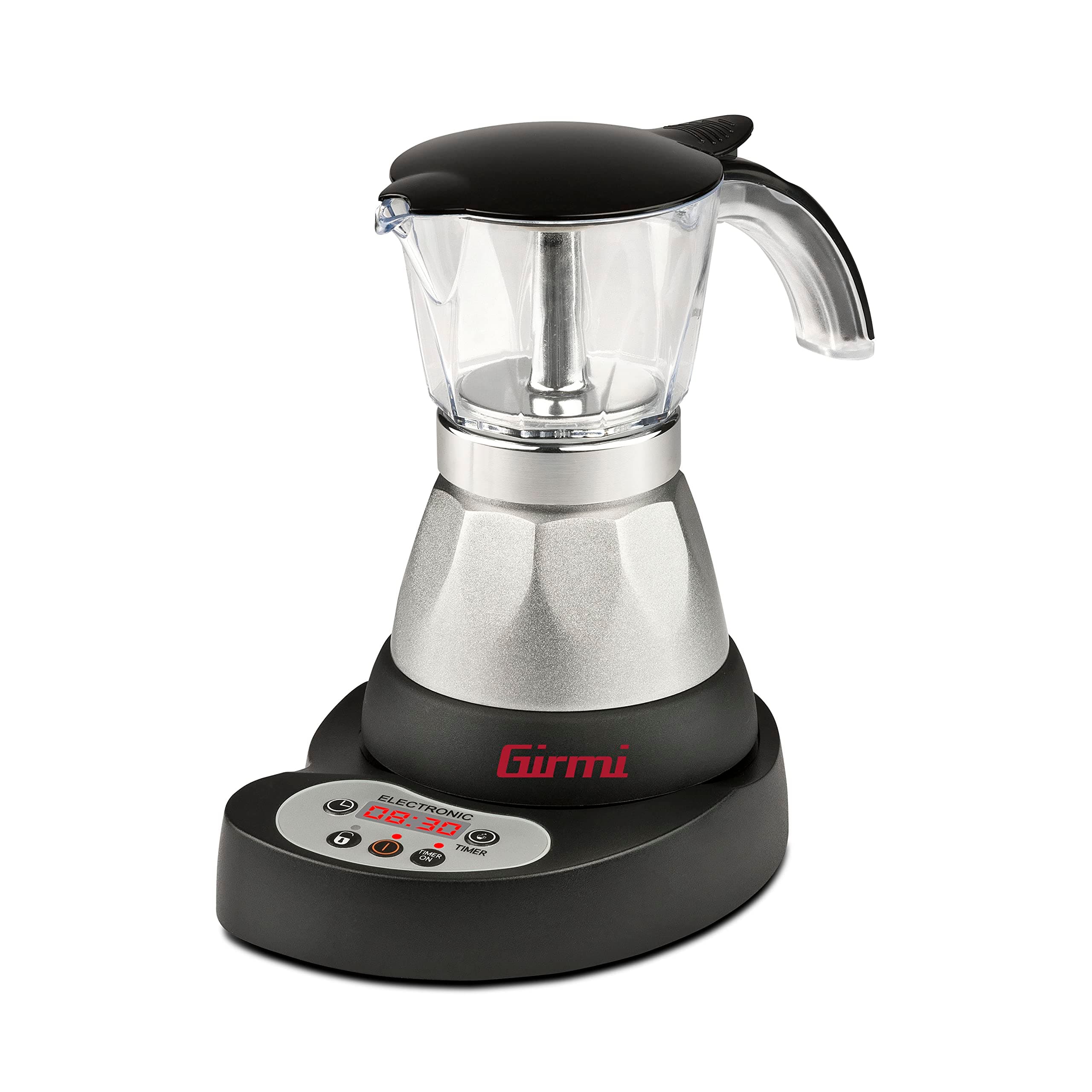 Girmi MC23 Moka elettrica Programmabile per caffè in polvere, da 1 a 3 tazze, 400W, Display LED, Timer, Mantenimento in caldo, Rotazione 360°, Nero/argento