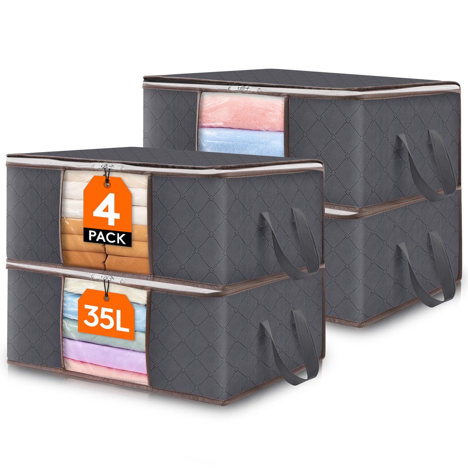 Lifewit 4 Stück Aufbewahrungsbeutel 35L mit Sichtfenster, Faltbare Unterbettkommoden für Kleidung & Bettdecken (Grau)