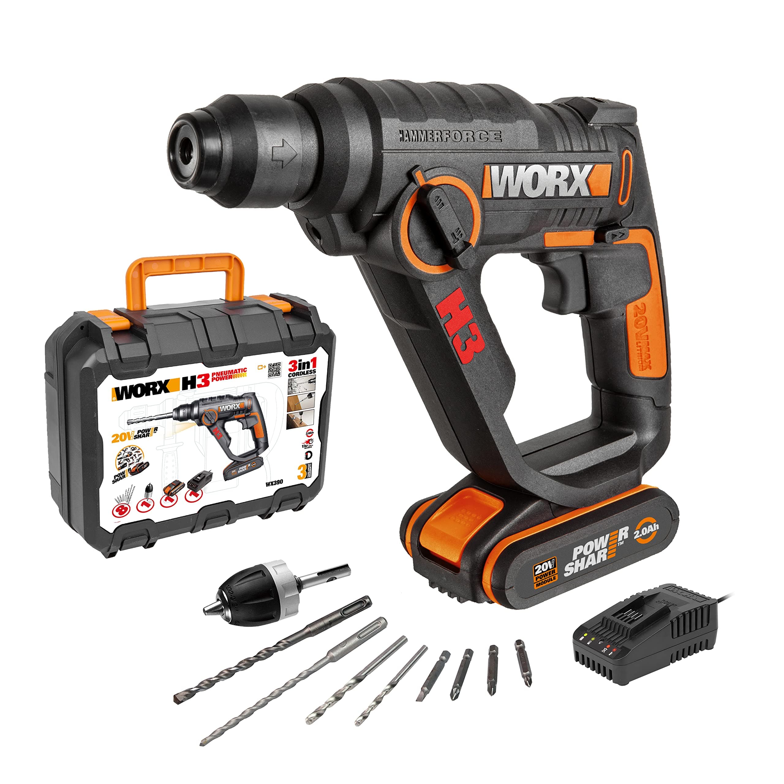 WORX Marteau perforateur sans fil 20V H3 WX390, percer, visser, perforer tous les matériaux, 1,2J, mandrin 13 mm, livré avec 1 Batterie 2Ah, Chargeur et Accessoires forets et embouts de vissage