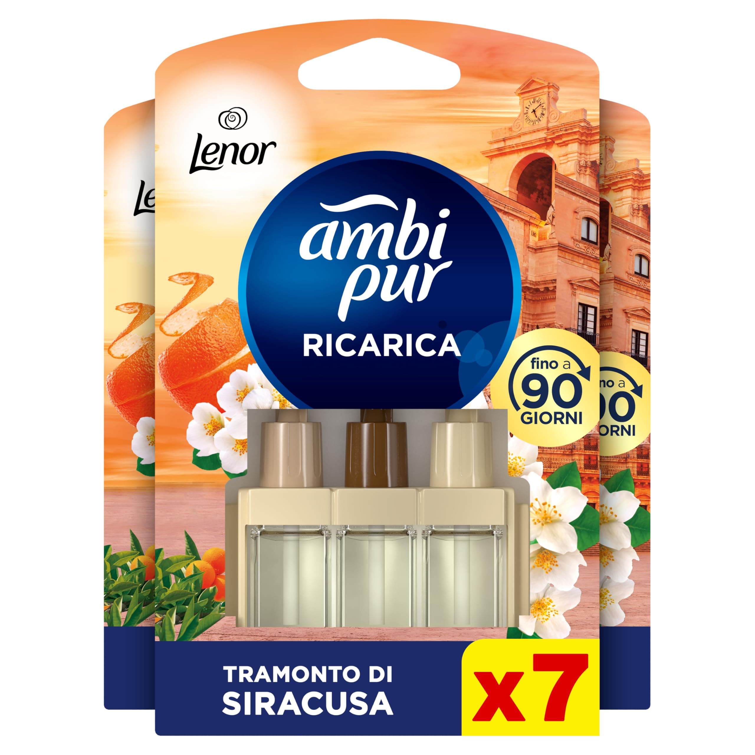 Ambi Pur 3Volution Profumatore per Ambienti, 7 Ricariche per Diffurore Elettrico, Fragranza Lenor Arancia, Tecnologia Elimina Odori, Fino a 90 Giorni di Profumo per Ricarica