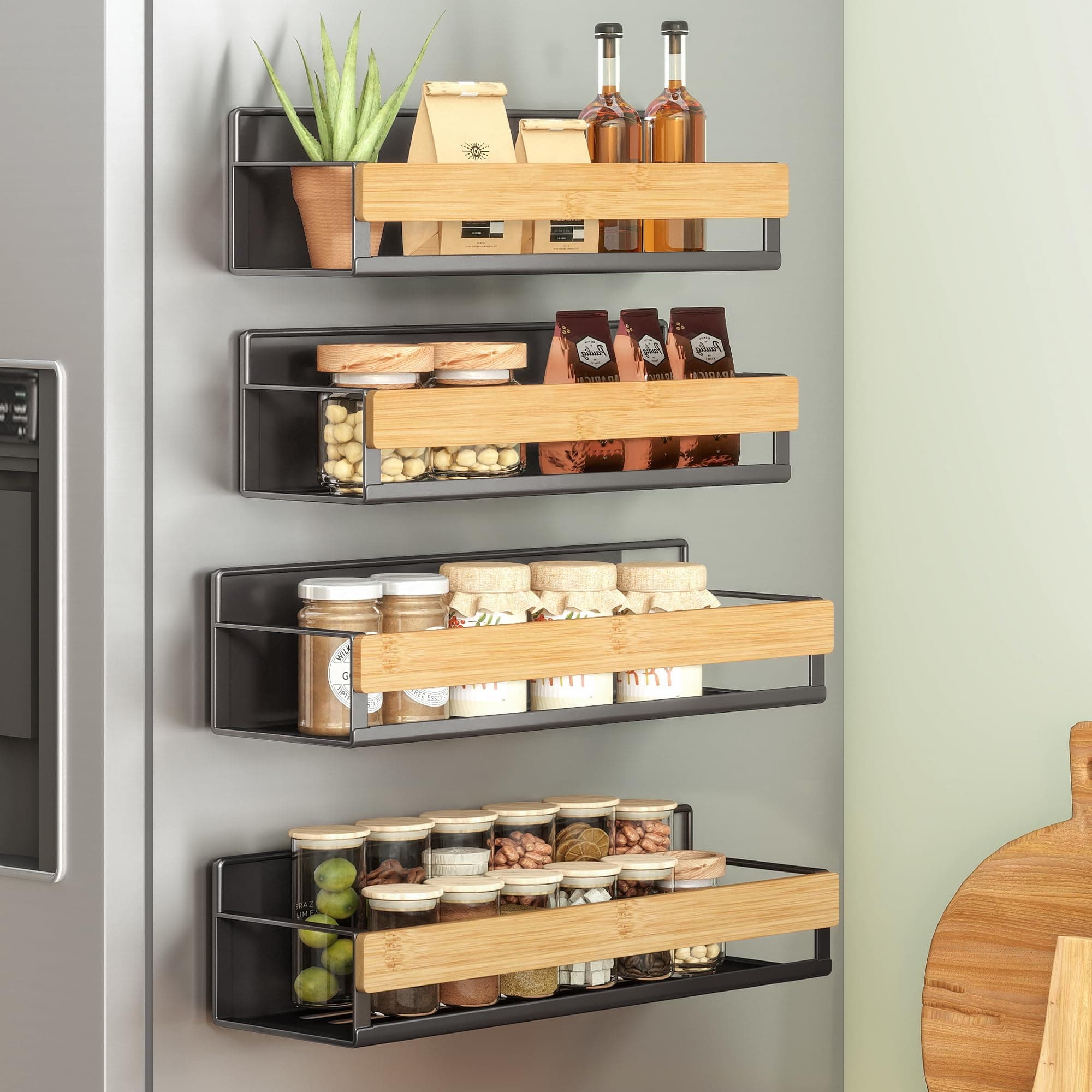 SONGMICS Gewürzregal magnetisch, 4er Set, 2 große und 2 kleine Regale, Gewürz-Organizer ohne Bohren, Magnetregal, für Küche, Kühlschrank, Mikrowelle, Waschmaschine, tintenschwarz-naturbeige KCS062BH01