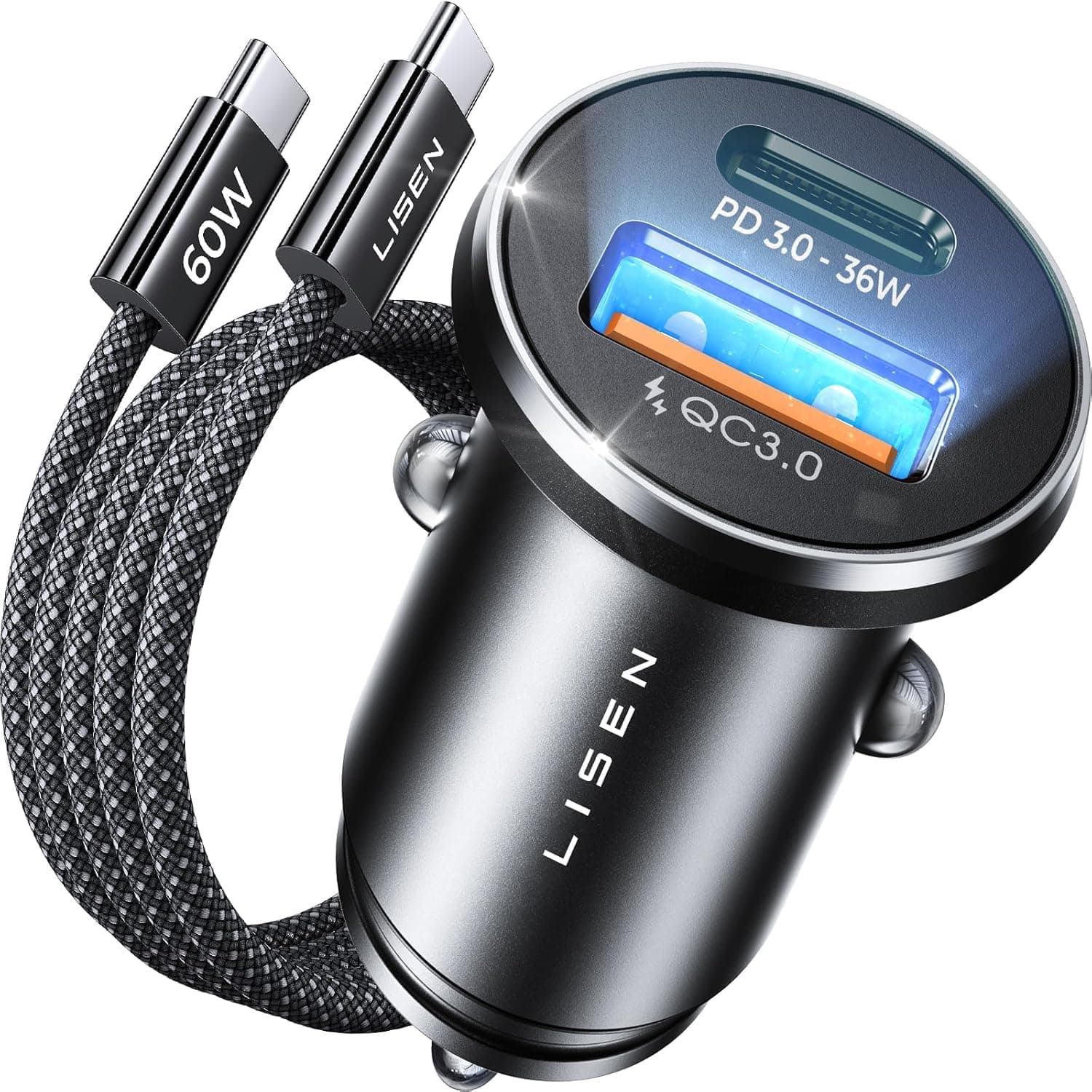 LISEN Chargeur Voiture USB C 54W+60W C-C Câble, Charger Allume Cigare USB C Rapide, Prise Allume Cigare 12V, Accessoire Voiture Interieur, Accessoire Telephone iPad avec iPhone 17 Pro Max Galaxy S25