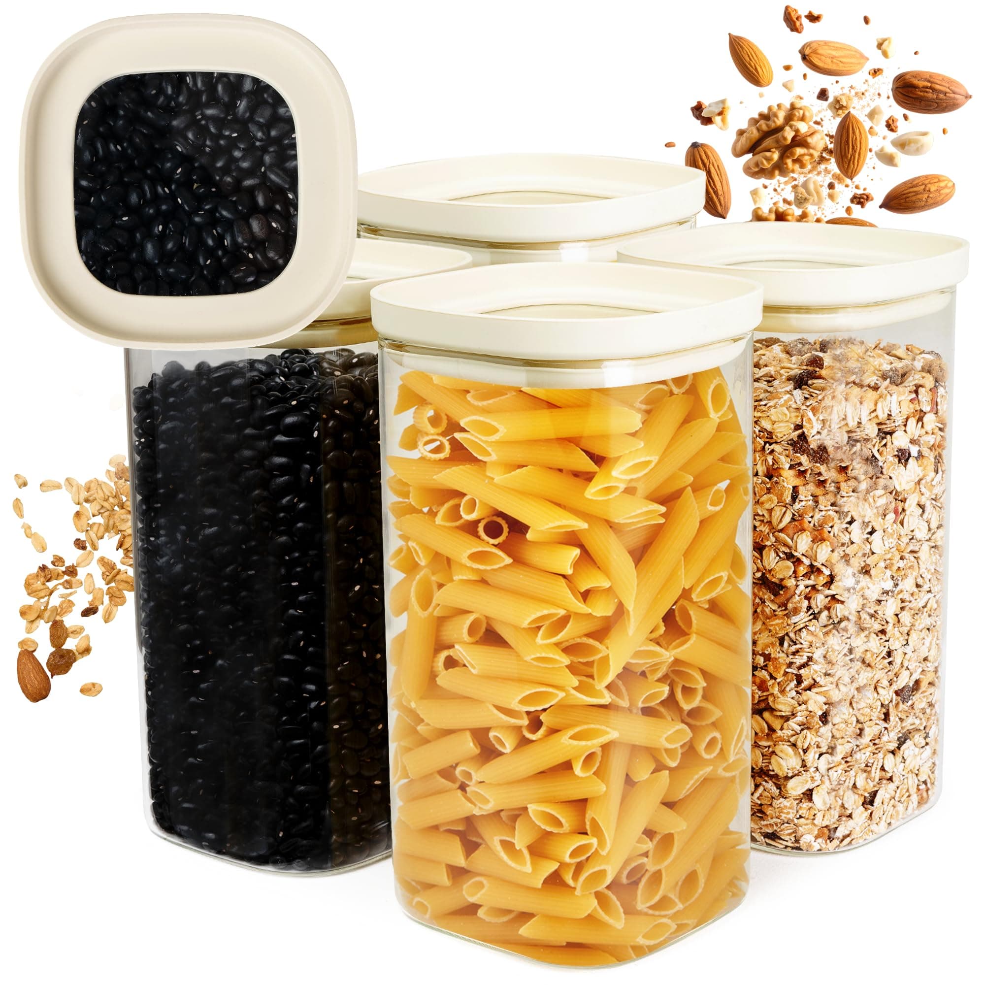 Dalena Home ® Set de 4 Tarros de Cristal con Tapa de Vidrio Borosilicato resistente + Etiquetas (4x 1500ml) - Botes Herméticos y Apilables - Botes Cocina Almacenaje, Frasco Cuadrado