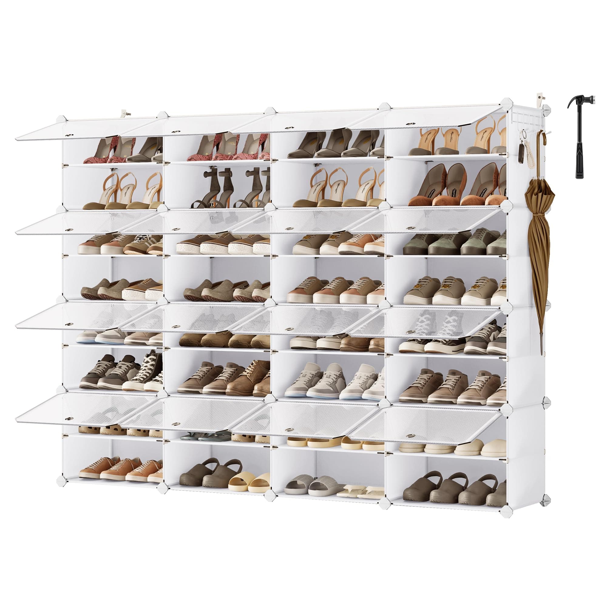 SONGMICS Schuhregal, Schuhschrank, für Garderobe und Eingangsbereich, anpassbar, 16 Fächer, für bis zu 64 Paar Schuhe, wolkenweiß-transparent LPC045WH01