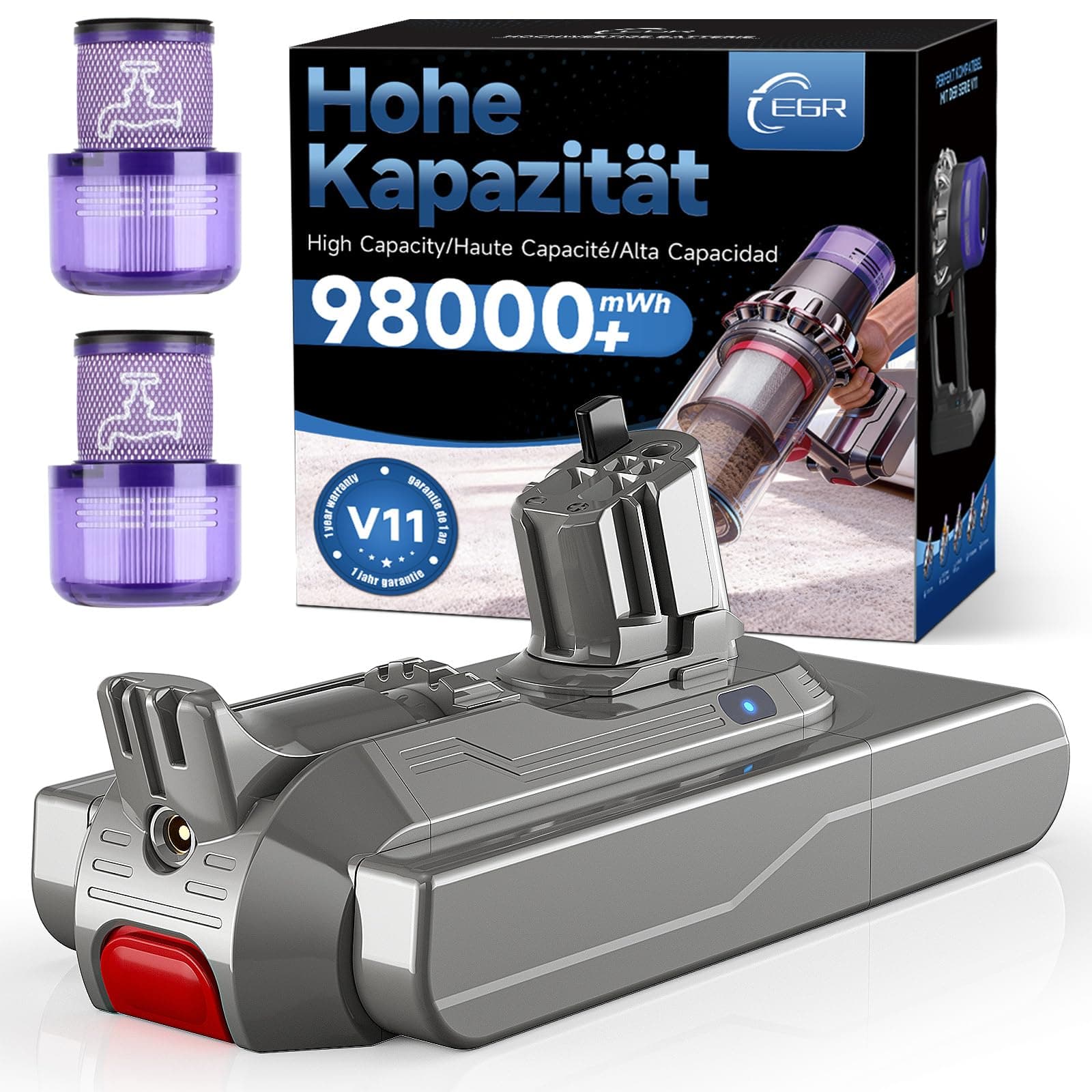 EGR Améliorée V11 Batterie pour Dyson V11 Montage à Clips pour V15/SV15/SV22/970425-01 Extra/Absolute/Animal/Torque/Drive/Outsize Aspirateur Batterie avec 2 Filtres(Pas pour Montage Vissé.)