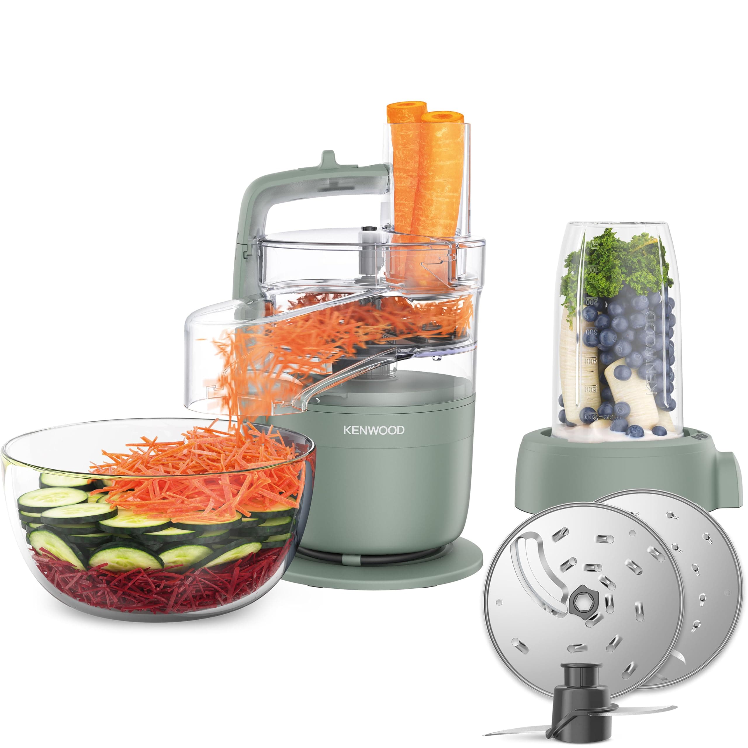Kenwood MultiPro Compact – Robot da Cucina Multifuzione con Express Serve, Lama in Acciaio Inox, Dischi Affetta e Grattugia, Personal Blender 600 ml, Funzione Pulse, Verde Eucalipto (FDP23.380GR)