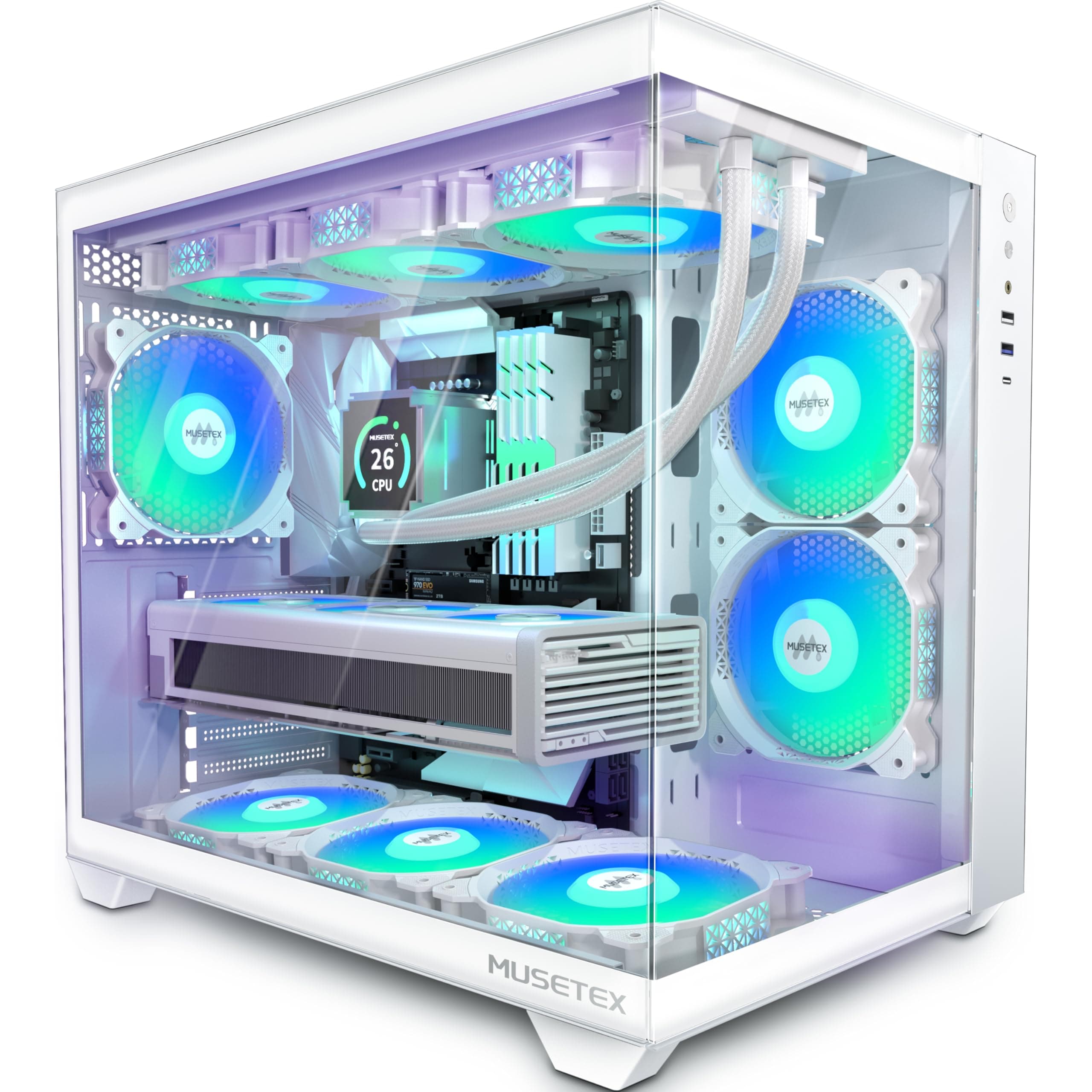 MUSETEX Boitier PC ATX,6 Ventilateurs PWM ARGB préinstallés,Support RAD 360MM Boitier PC Gamer,Type-C 270° Full View Verre trempé Mid Tower ATX Boîtiers PC, White, Y6