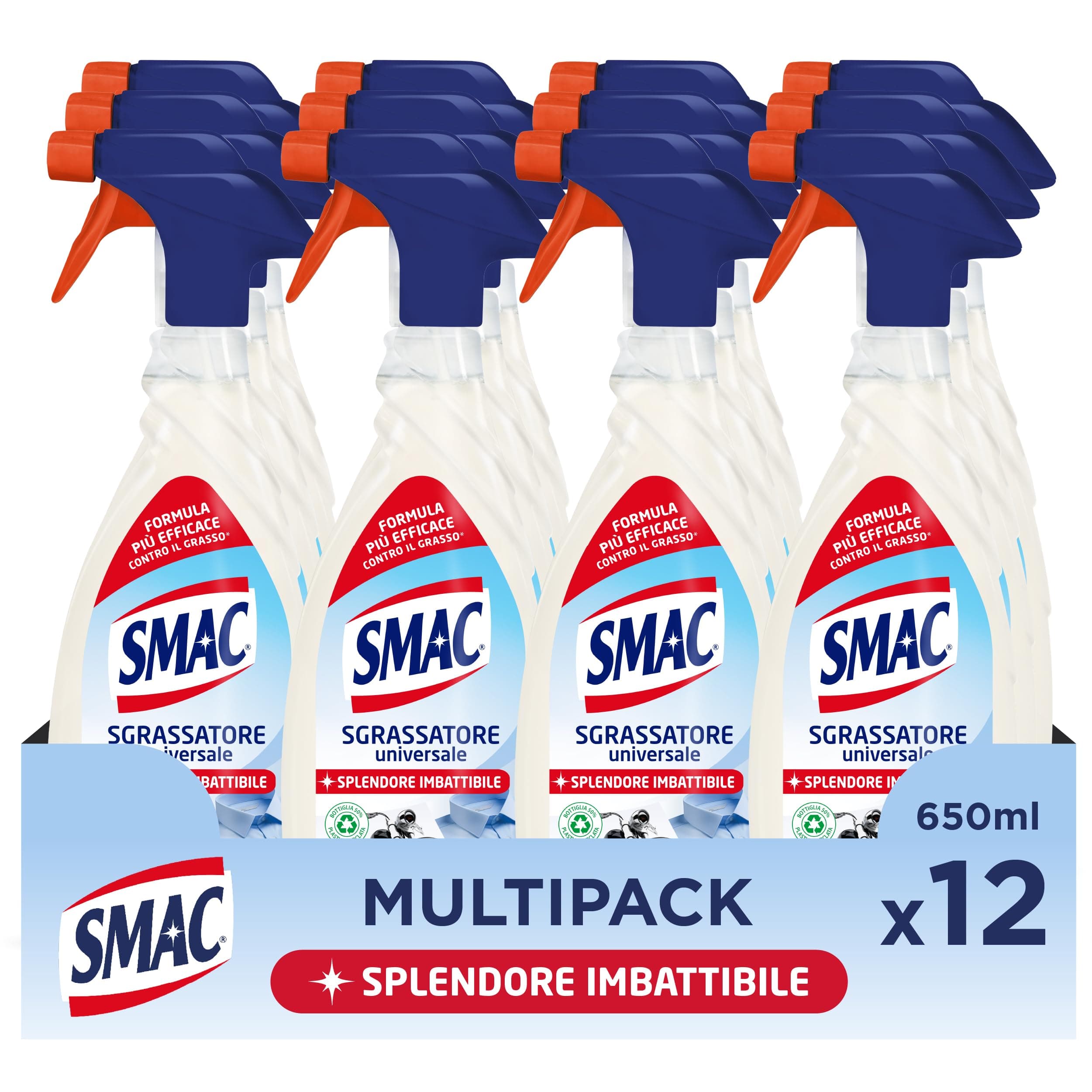 Smac - Sgrassatore Universale, Detergente Spray Multisuperficie con Azione Sgrassante, Splendore Imbattibile, 650 ml x 12 Pezzi