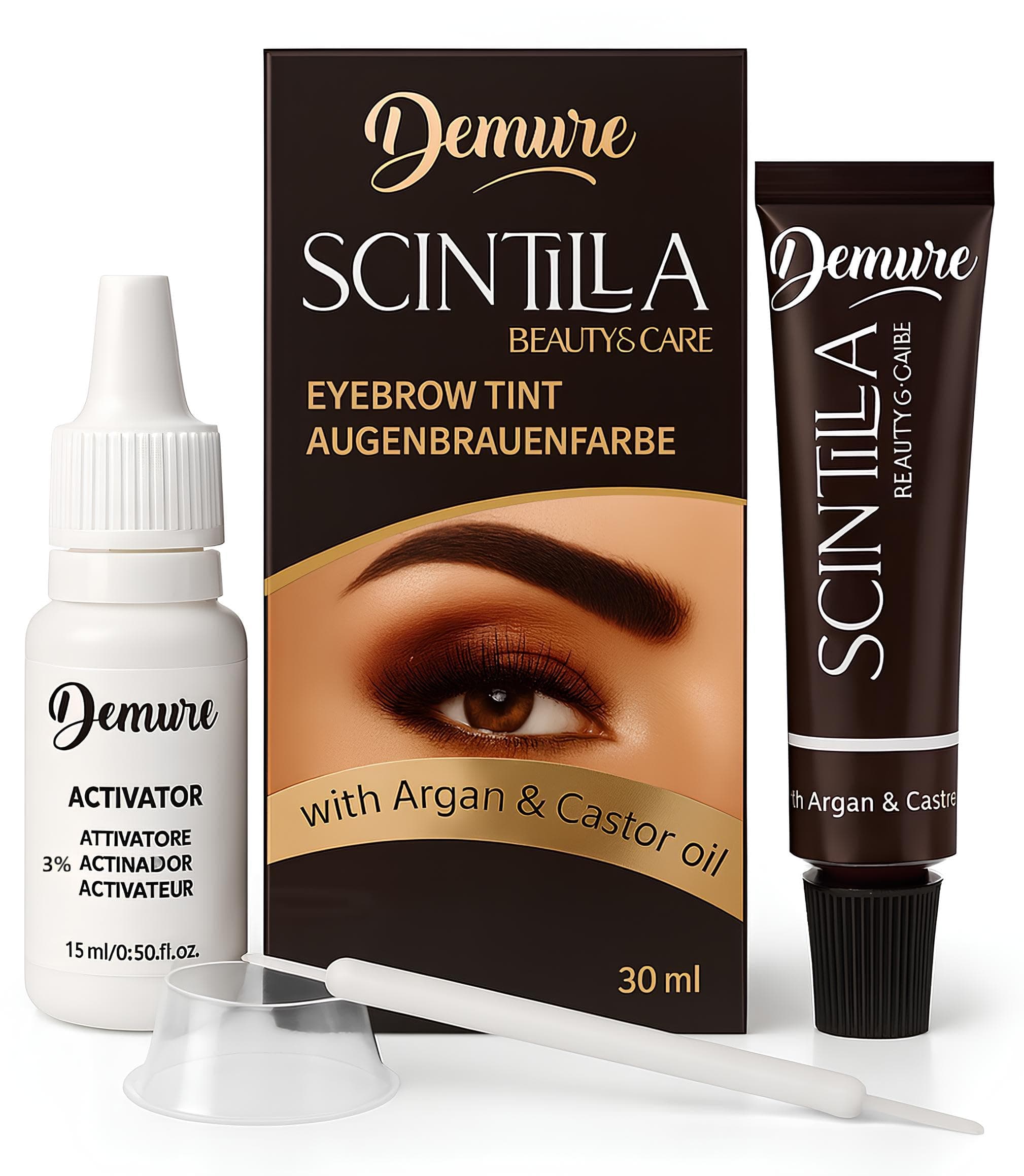 Demure Colore Sopracciglia, Colorante con Olio di Argan e di Ricino, Risultato Naturale e Duraturo Fino a 4 Settimane, Applicazione Rapida e Precisa (MARRONE SCURO 3.0)
