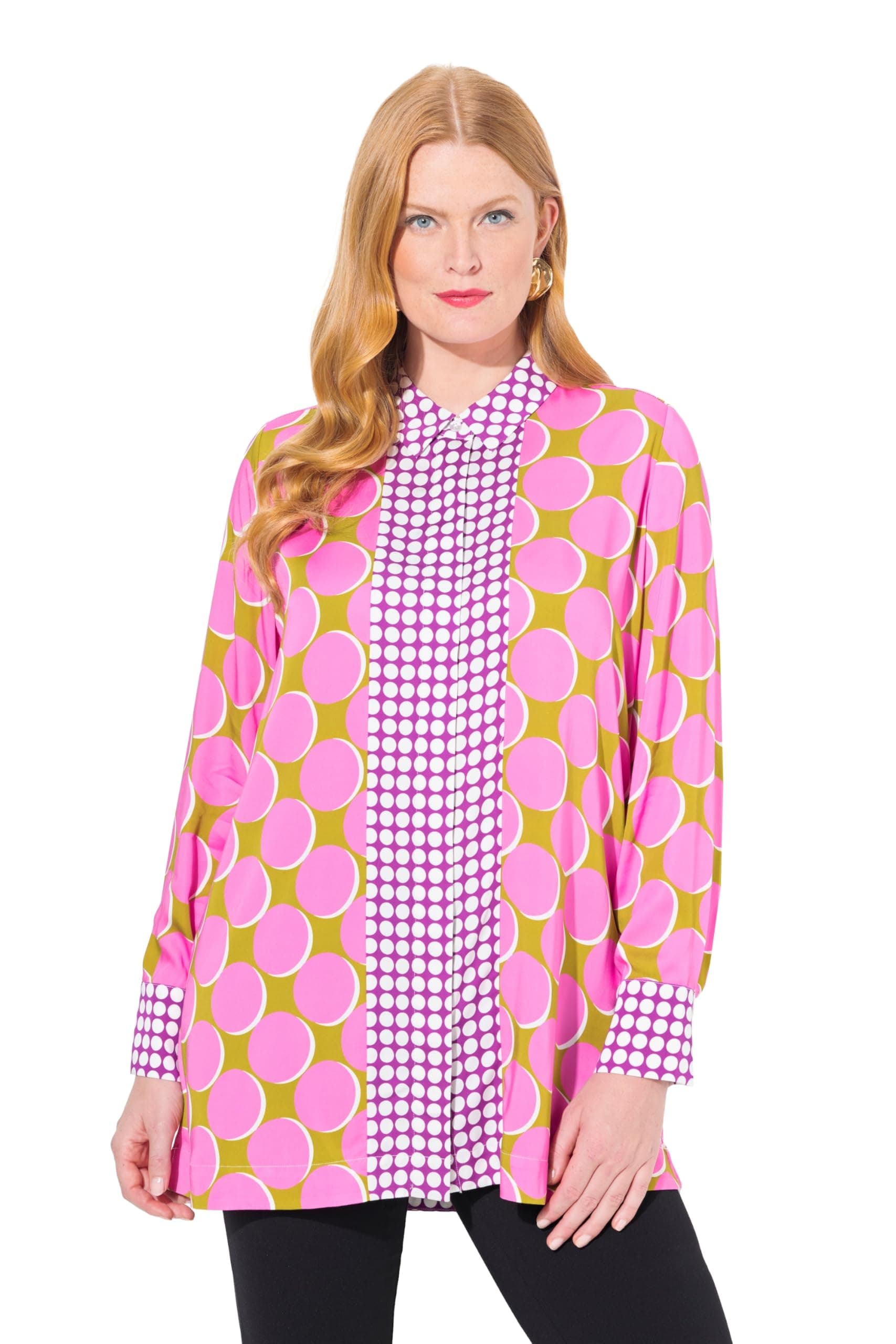 Ulla Popken Damen große Größen Übergrößen Plus Size Satin-Longbluse, Patch-Design, Hemdkragen, Langarm 834880