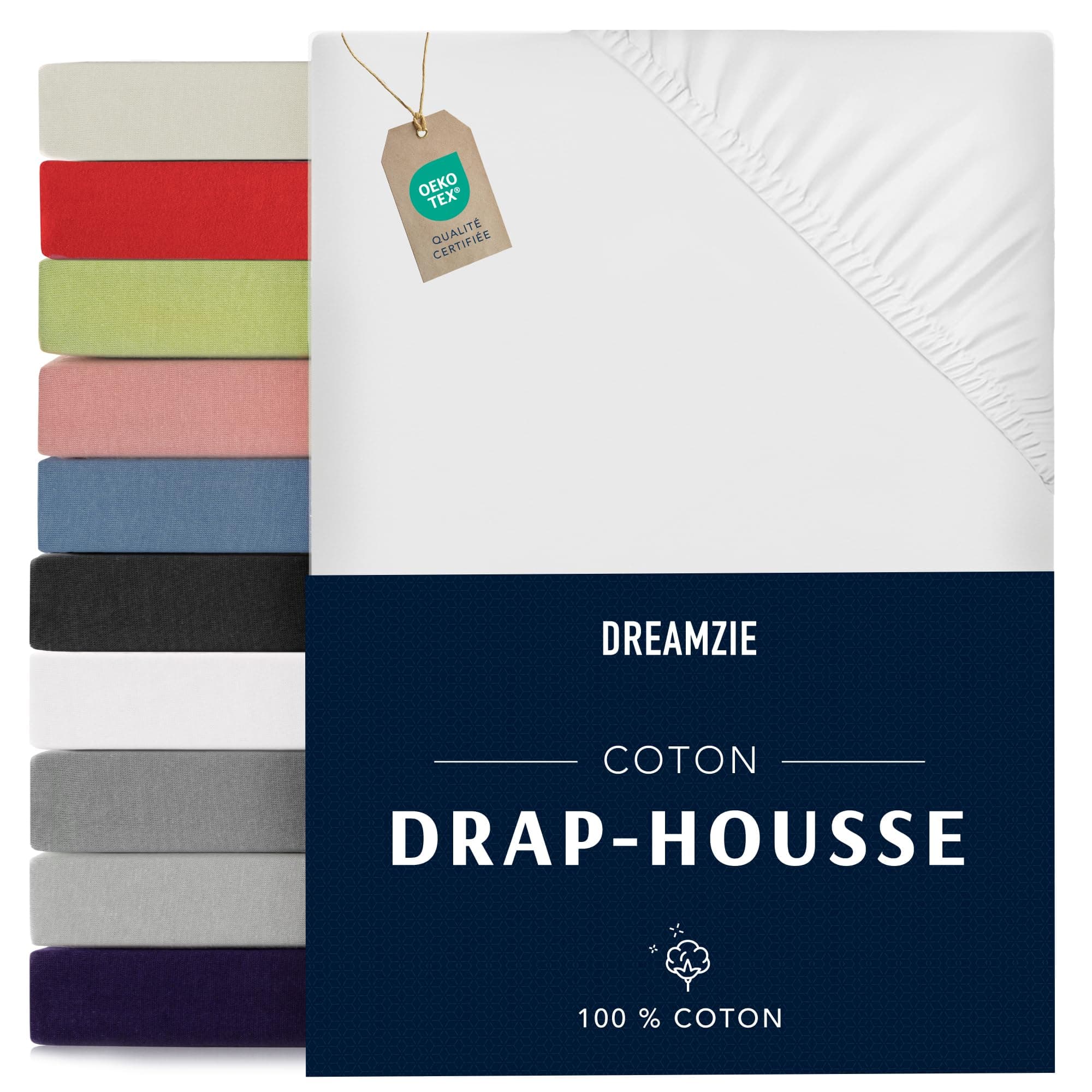 Dreamzie - Drap Housse 160 x 200 - Blanc - 100% Jersey Coton Certifié Oeko Tex - Drap Housse 160x200 Coton