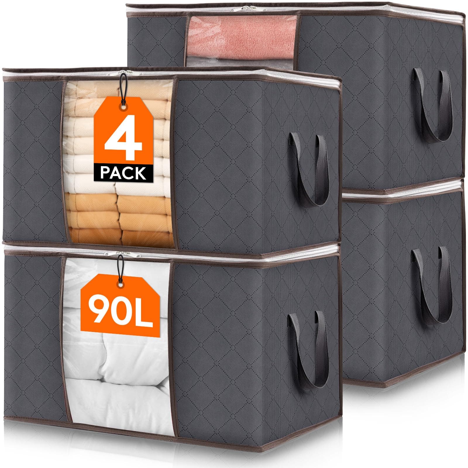 Lifewit 4 Stück 90L Aufbewahrungstasche, Aufbewahrungsbox mit Deckel, Groß Kleideraufbewahrung Umzugskartons, Faltbare Aufbewahrung Boxen für Bettdecken Kleidung Unterbett Kleiderschrank, Grau