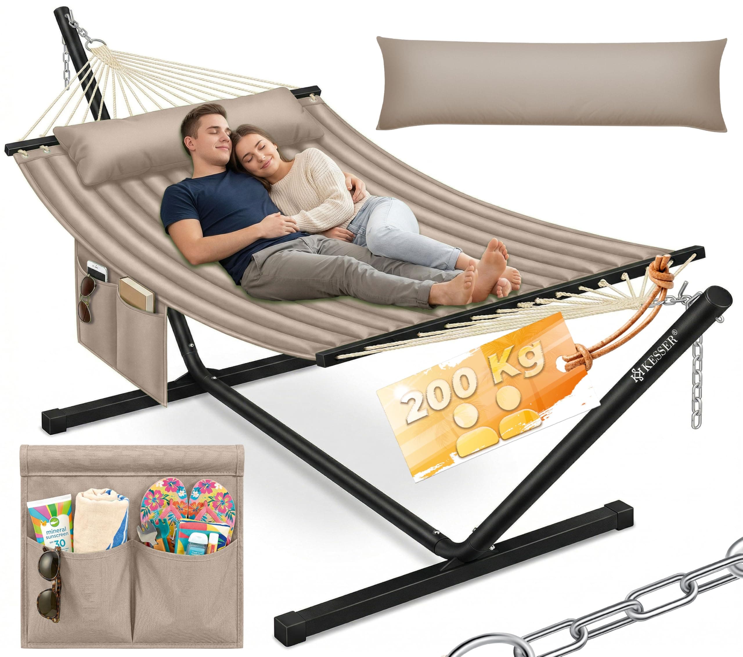 KESSER® Hängematte Hill mit Gestell Kissen Doppelhängematte für 2 Personen-Stabiler Rahmen 200kg Belastbarkeit Indoor & Outdoor XXL Hängesessel Doppel Mehrpersonen Garten Balkon Terrasse, Taupe
