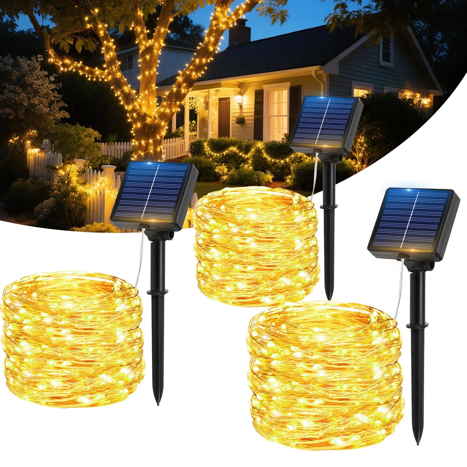 Luci Solari Esterno, [3 Pacchi]17M 150LED Catena Luminosa Esterno SolareIP65 lmpermeabili 8 Modalità Filo diRame Luci Solari da Giardino DecorativePer Festa, Matrimonio, Giardino, Natale.Patio