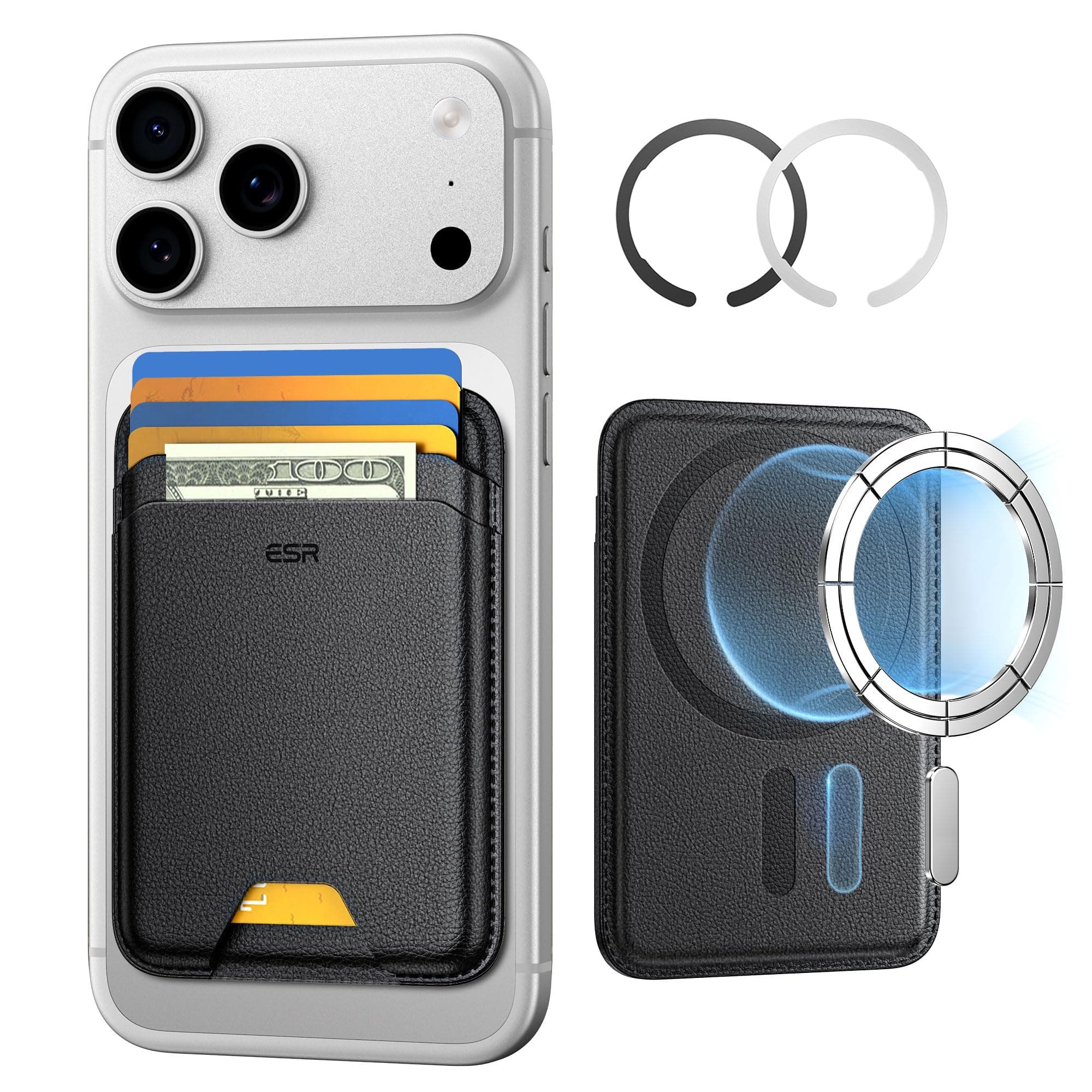 ESR für MagSafe Wallet, 5 Karten Halter, RFID Schutz, iPhone Wallet mit 3200g Magnetstärke, Veganes Leder, für iPhone 17e/17/16/15/14/13/12 Serie und Ausgewählte Samsung Geräte, Nicht für mini,Schwarz