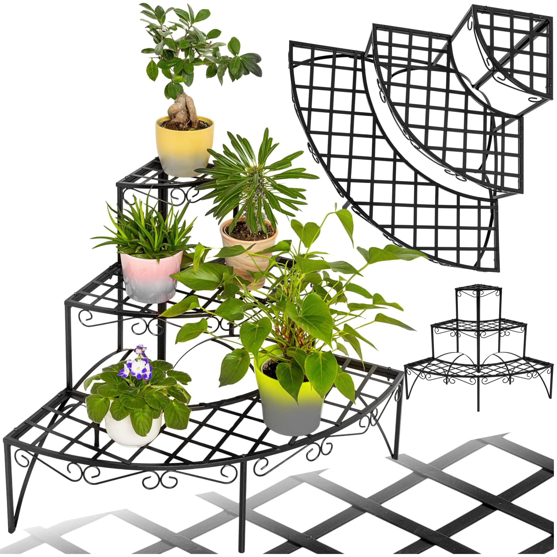 tectake® Pflanzentreppe, Blumenständer Metall, Blumenbank, Blumentreppe mit 3 Stufen, Pflanzenregal, Pflanzenregal outdoor, Blumenregal, Blumenhocker ca. 60x60x60cm (Stufen rund| Nummer 401712)