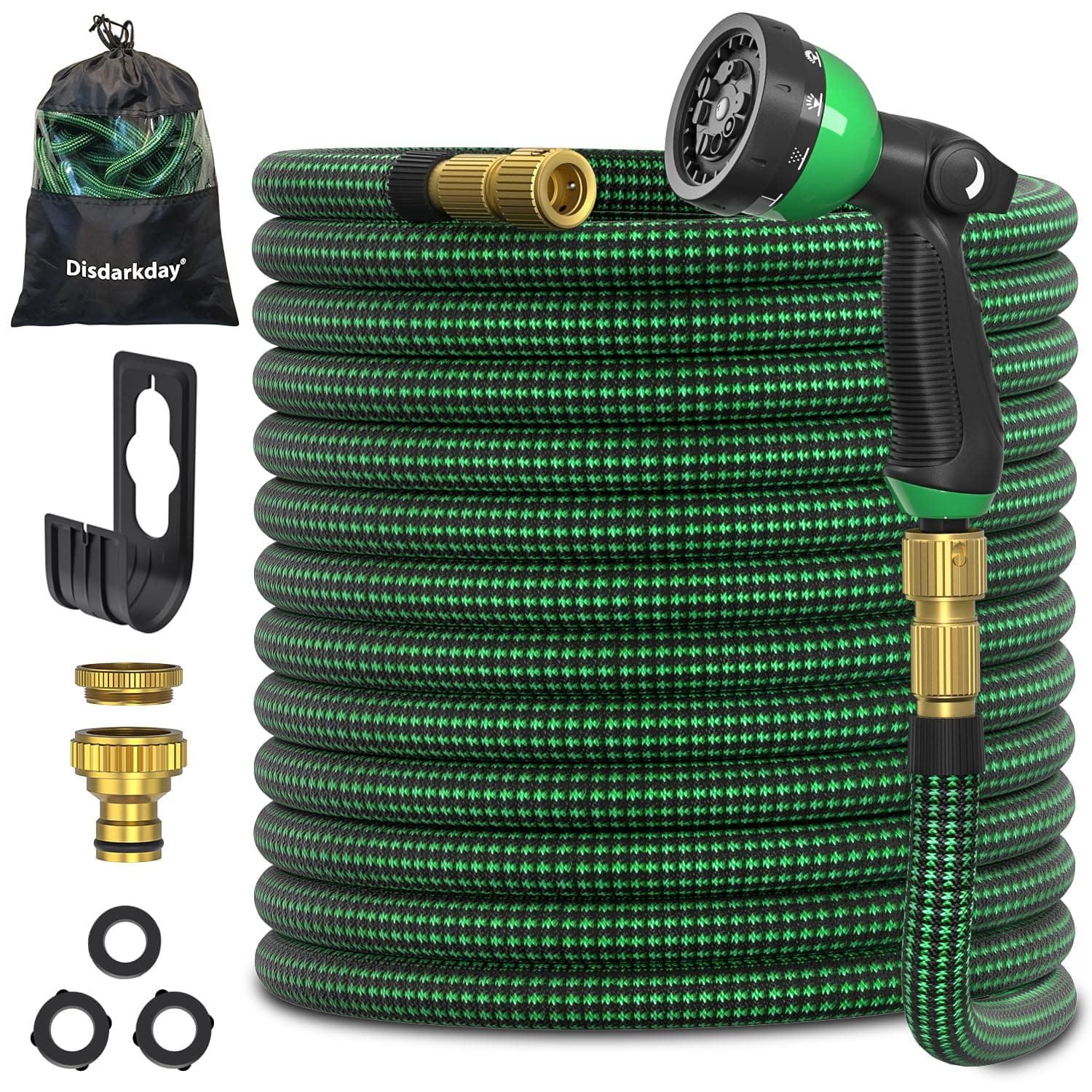 Tuyau Arrosage Extensible 15m/50ft, Disdarkday Tuyau D’arrosage Extensible avec 1/2" et 3/4" Adaptateurs, 10 Modes d'Arrosage, Latex Triple Épaisseur Durable avec Raccords et Sac, Vert