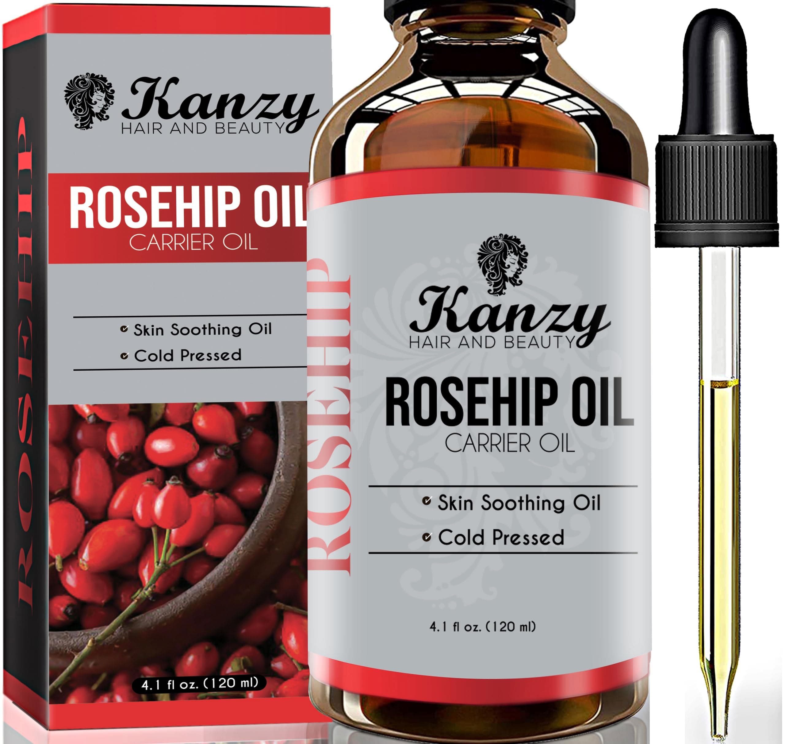 Kanzy Olio di Rosa Mosqueta 120ml Olio di Rosa Canina, Spremuto a Freddo, Vegano e Non Raffinato Rosehip Oil per Viso, Corpo, Capelli, Pelle e Mani