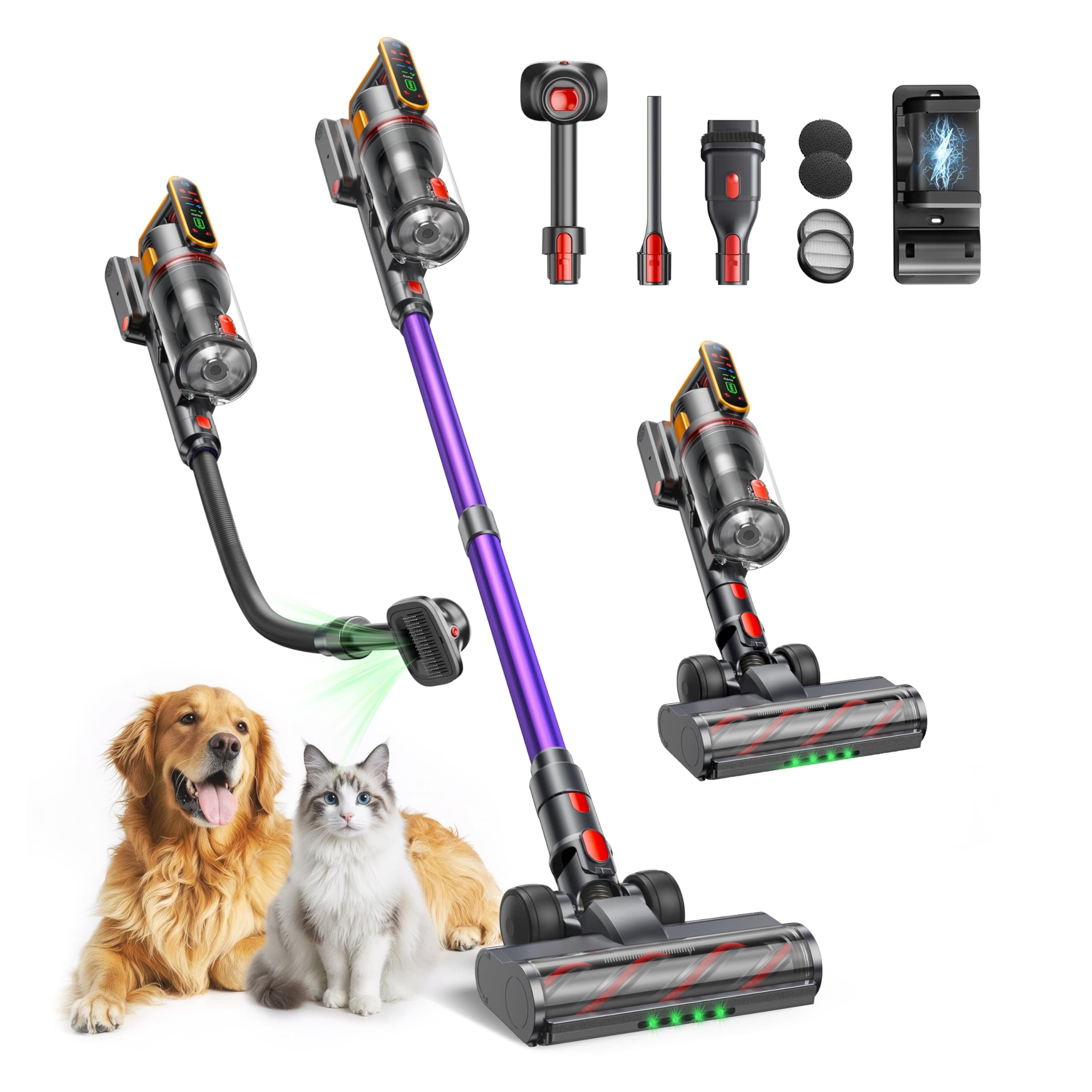 Fieety 50kPa/600W Aspirateur Balai sans Fil, 65Min Aspirateur sans Fil Puissant avec Brosse pour Animaux Tuyau Recharge Murale Mode Automatique Parfumé pour Poils d’Animaux Tapis Sols Durs et Voiture