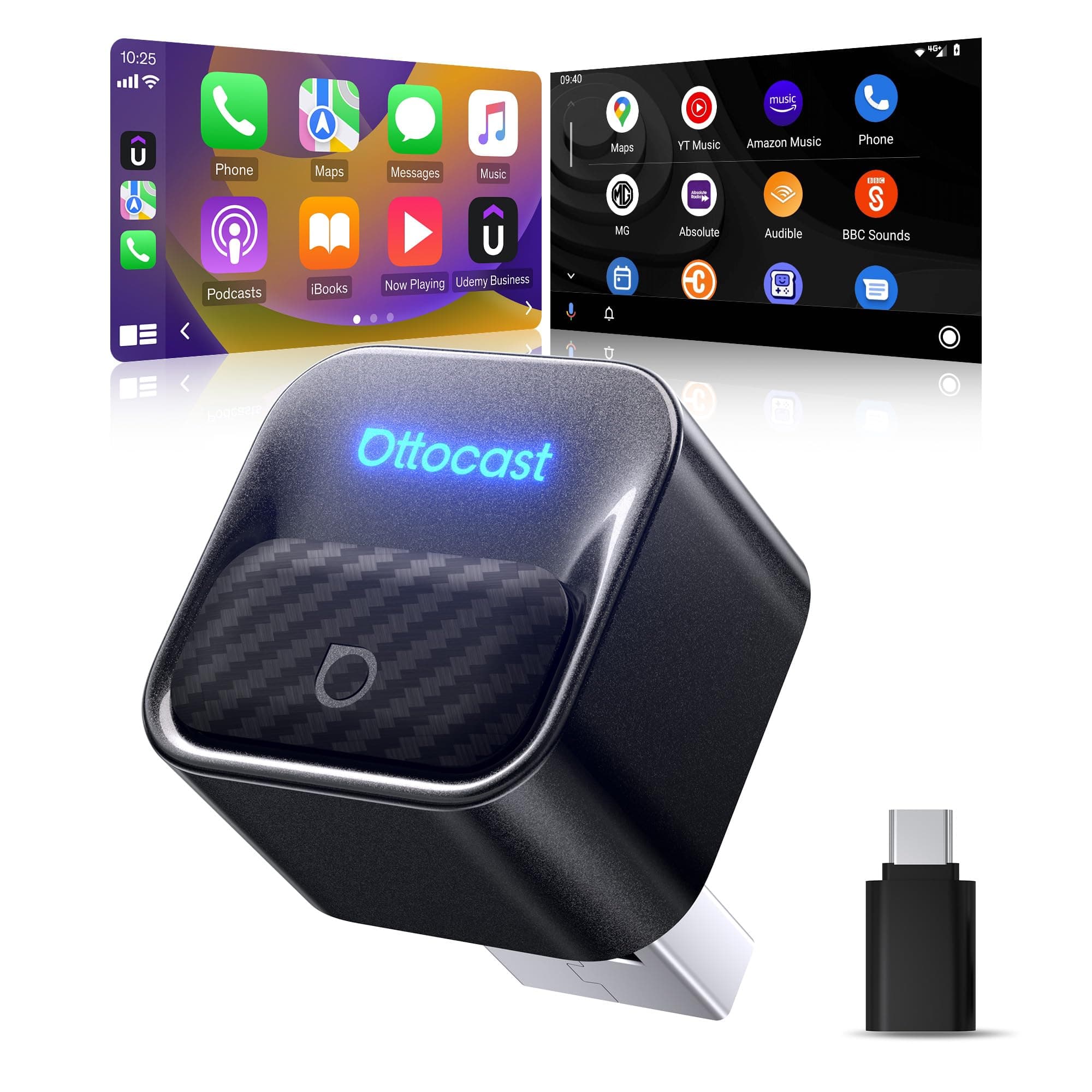 Ottocast Mini Core Adaptador inalámbrico CarPlay y Android Auto, Cambio de dispositivo con un clic, WiFi 6/BT 5.4 Conexión automática en 5s, Plug & Play para el 98% de coches con CarPlay/AA de fábrica