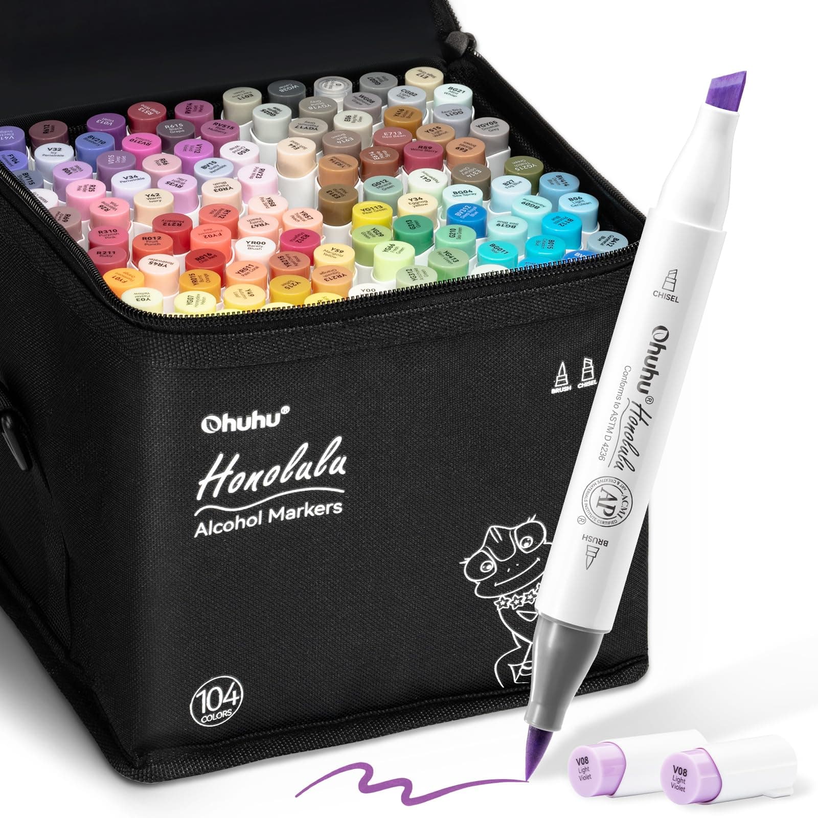 Ohuhu Marqueurs Colorés D'art, Pinceau Pointe Double Feutres à Alcool Pinceau et Ciseau Burin Pour Artiste Etudiants Pour Croquis Coloriage Calligraphie avec étui, Série Honolulu