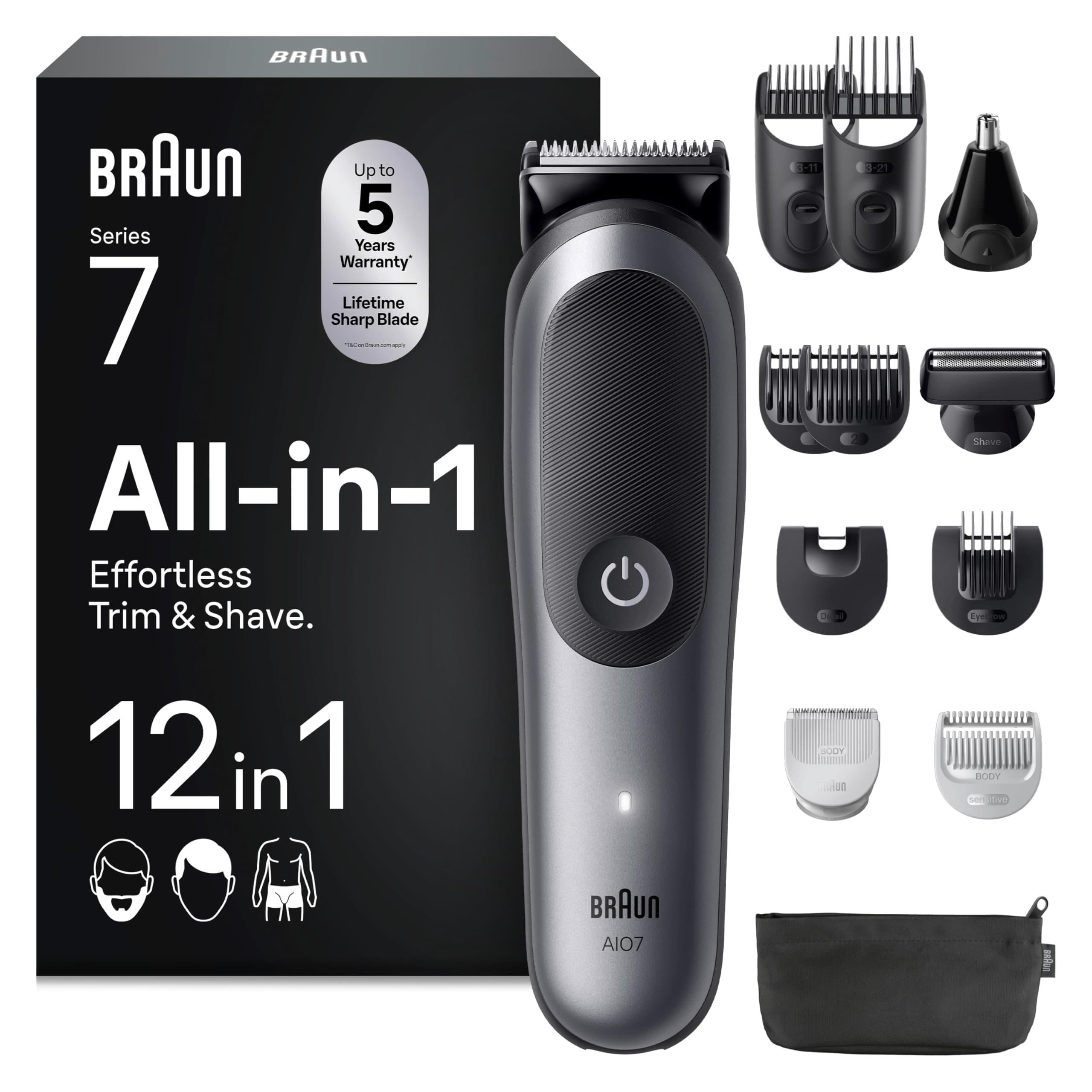 Braun Recortadora Todo En Uno Series 7 AIO7545, Kit De Styling 12en1 Para Barba, Pelo, Orejas, Nariz y Cuerpo, 14 Longitudes, 120 Min De Autonomía, Gris, El embalaje puede variar