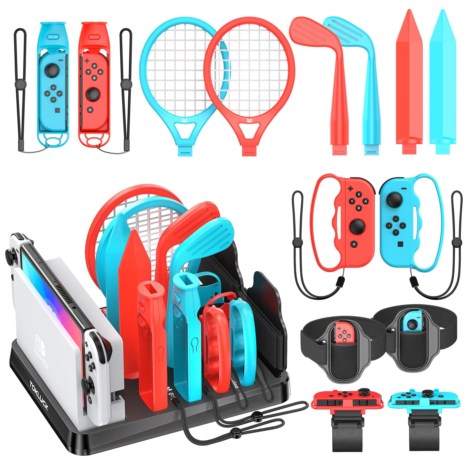 Tokluck 15 in 1 Accessori per Switch Sports, Kit di Accessori per Nintendo Switch Sport Gioco, Switch Organizer per Consola Switch/OLED e Accessory Sportivi Switch Sports (Blu & Rosso)