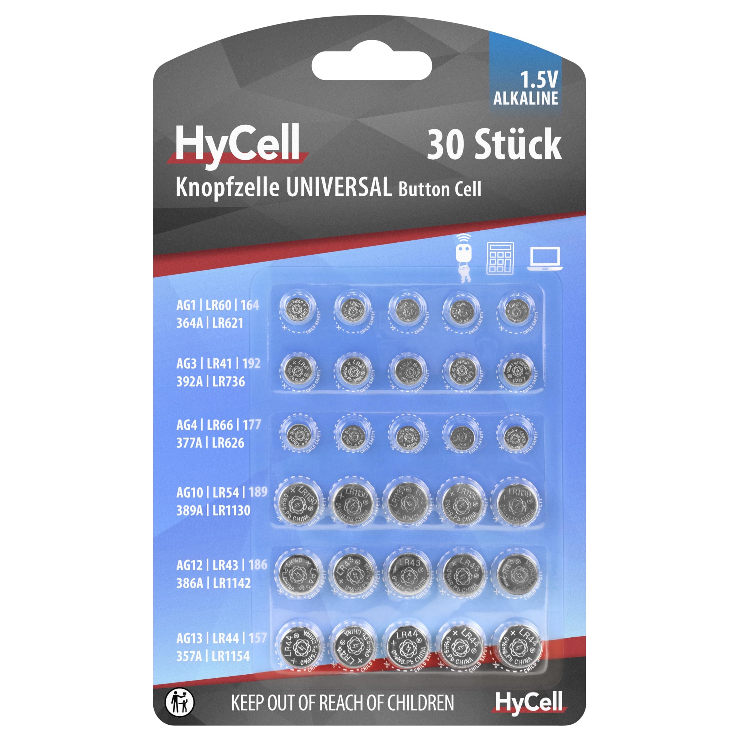 HyCell Alkaline Knopfzellen Set AG1, AG3, AG4, AG10, AG12, AG13, 1,5V, 30 Stück, Knopfzellenbatterie, für Uhren, Spielzeug, Taschenrechner, Fernbedienung