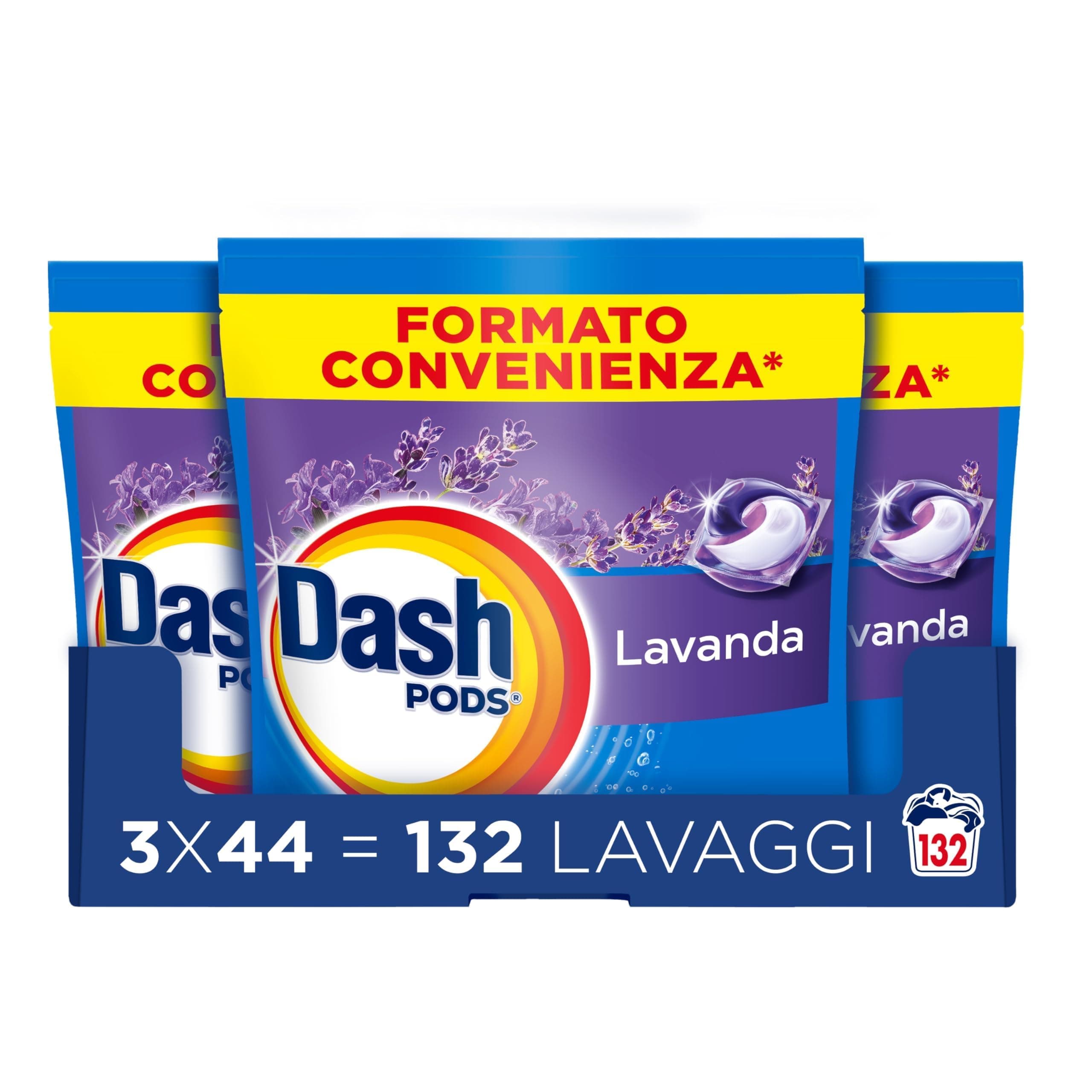 Dash Pods Detersivo In Capsule, 132 Lavaggi (3x44), Lavanda, Rimuove Le Macchie, Igienizza, Dona Freschezza, Brillantezza Per I Capi