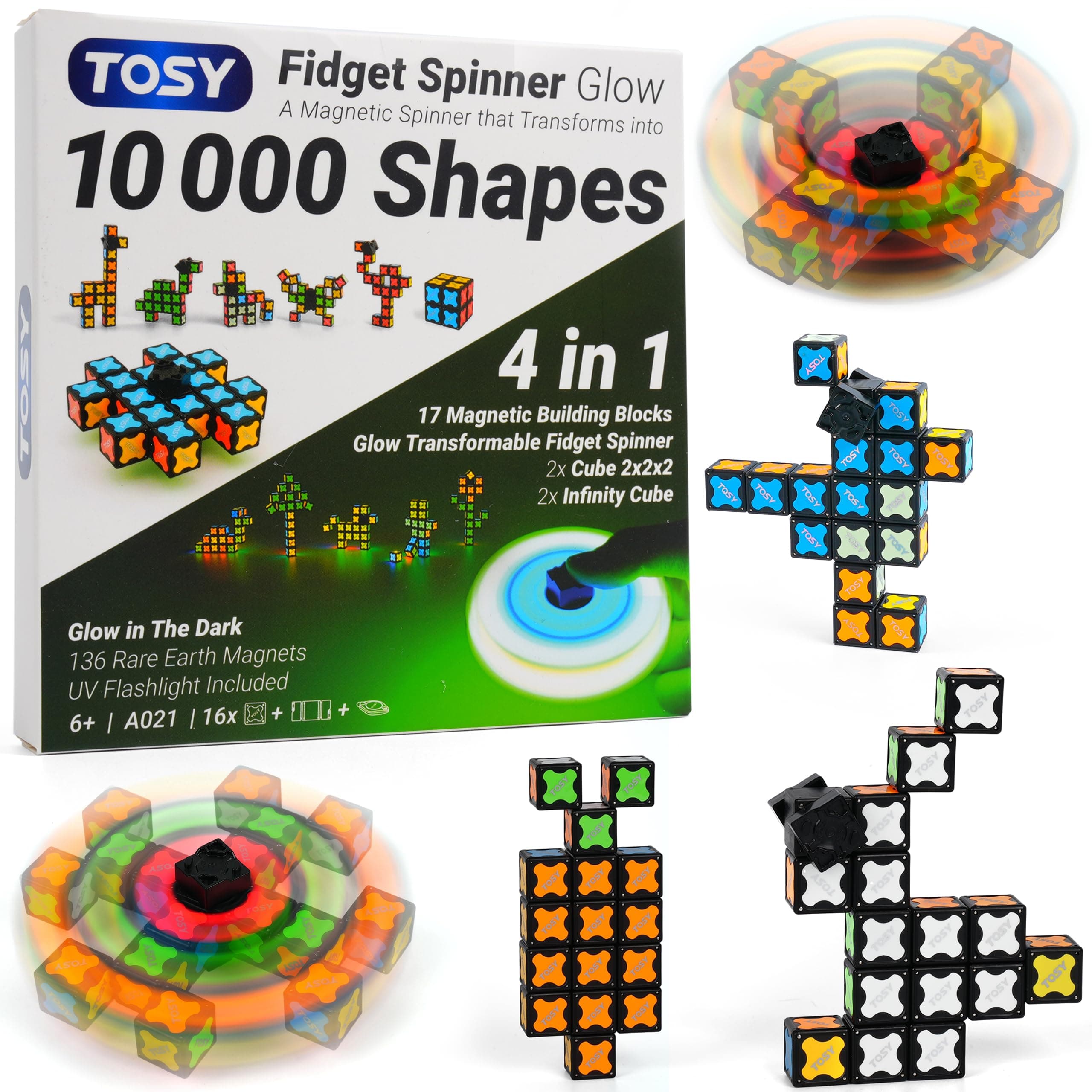 TOSY Magnet Fidget Spinner Glow - 16 Bloques: Fidget Spinner transformable, Cubo Infinito/Rompecabezas, Brillante, Regalo de Pascua para niños y Adultos, Juguete sensorial Stem