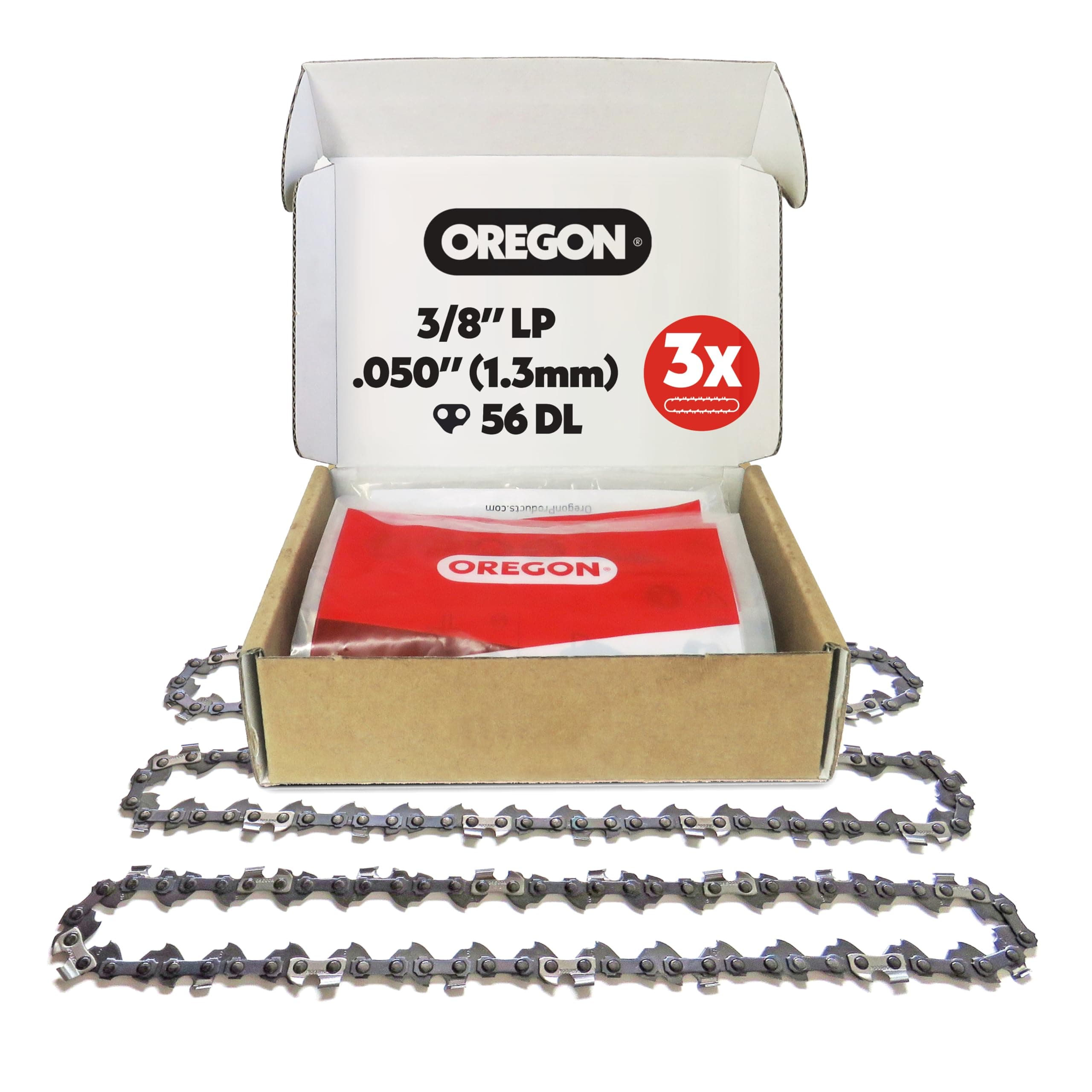 Oregon 3-er Pack Sägekette 3/8 LP Teilung, 0,50 Zoll (1,3 mm) Stärke, für 16 Zoll (40 cm) Führungsschiene, 56 Treibglieder - Ersatzsägekette für Titan, Ryobi, Black & Decker, Dolmar und mehr