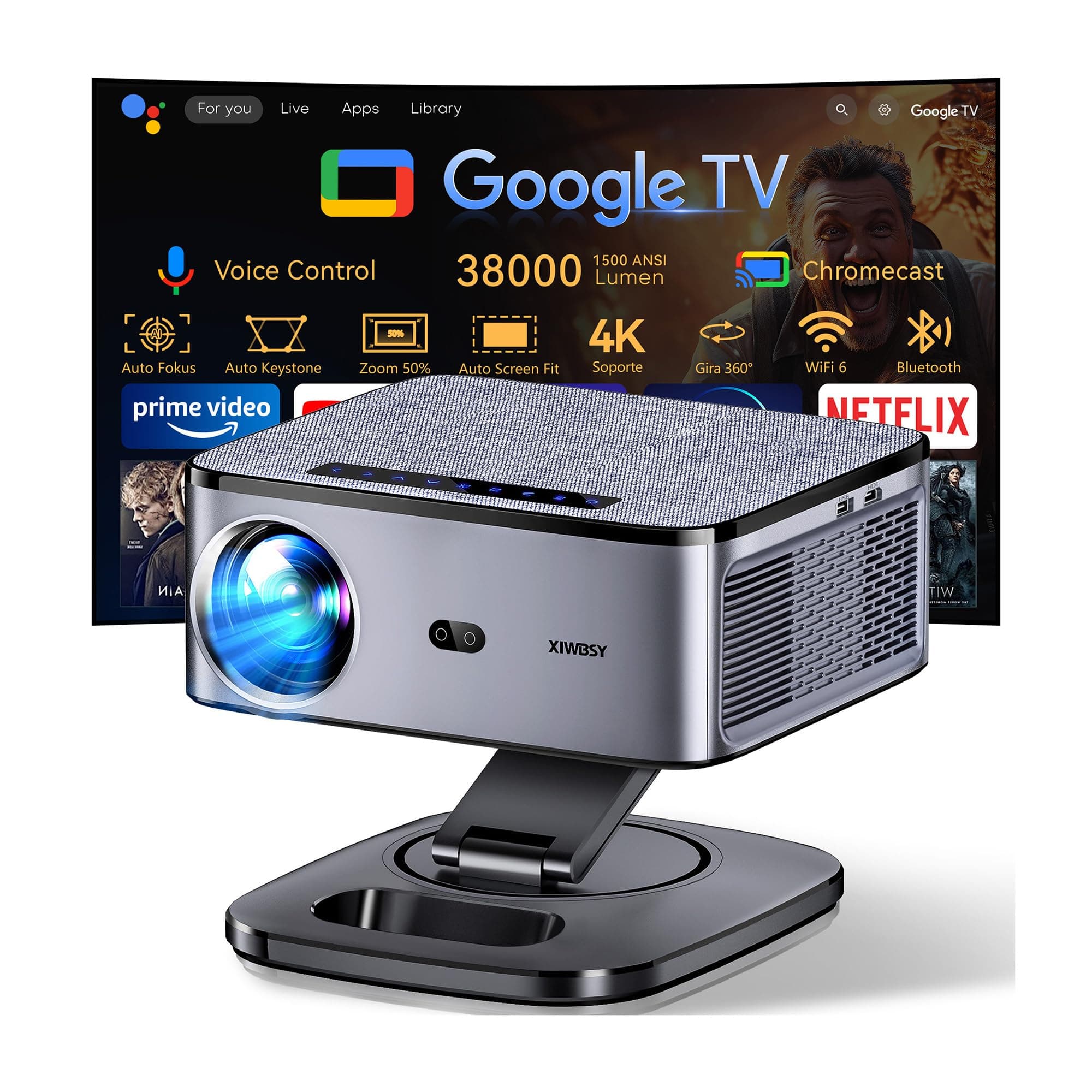 Proyector 【Google TV/1500 ANSI/Gira 360°】 XIWBSY Proyector 4K Soporte Auto Focus/Keystone, WiFi 6 Bluetooth, 38000 Lúmenes, Control por Voz Projector Netflix Oficial, Portatil Proyectores Video