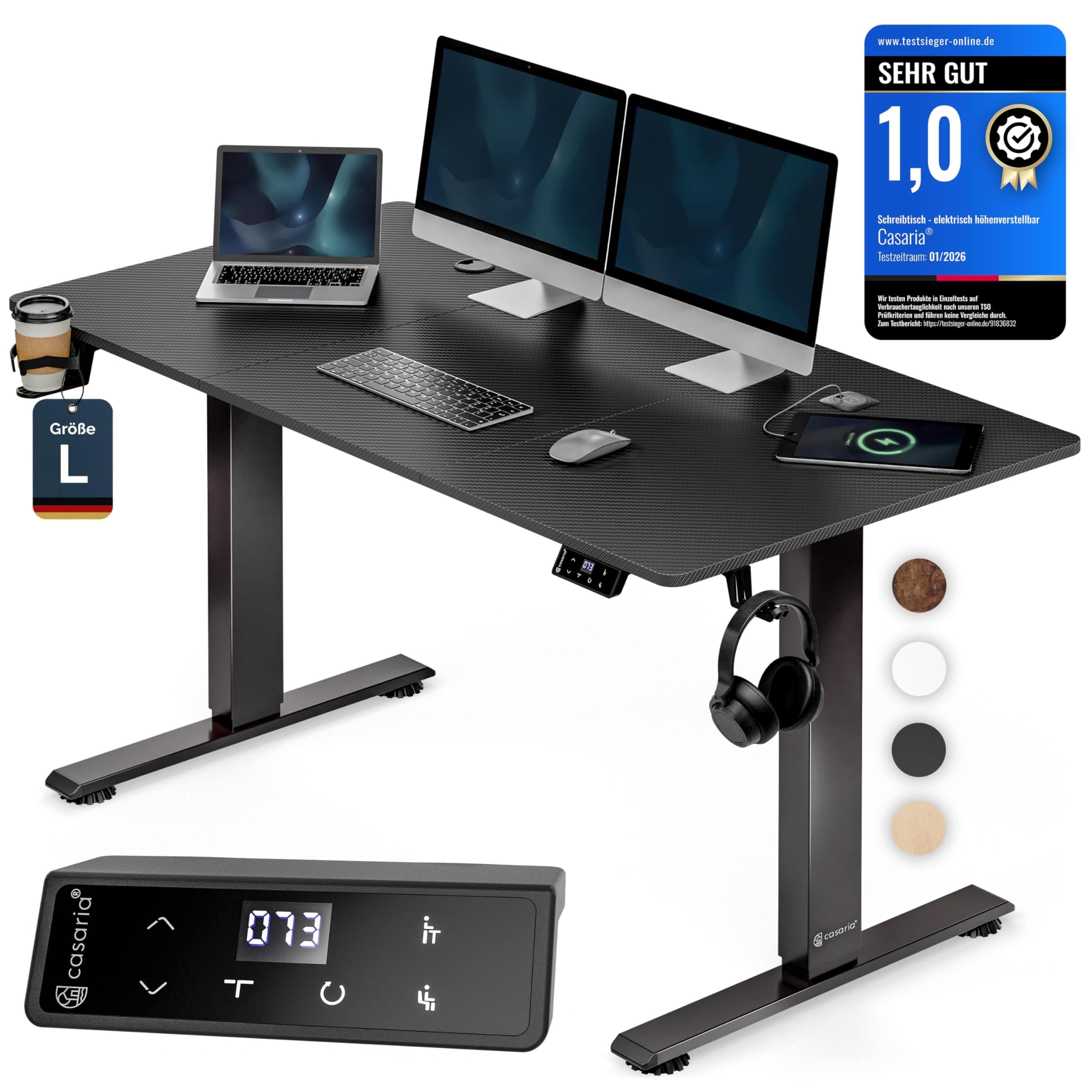 Casaria® Höhenverstellbarer Schreibtisch elektrisch 140 x 70 cm mit Wireless Charger & USB-C/A Anschluss LCD-Display Memory-Funktion 80 kg belastbar ergonomisch Carbon Optik