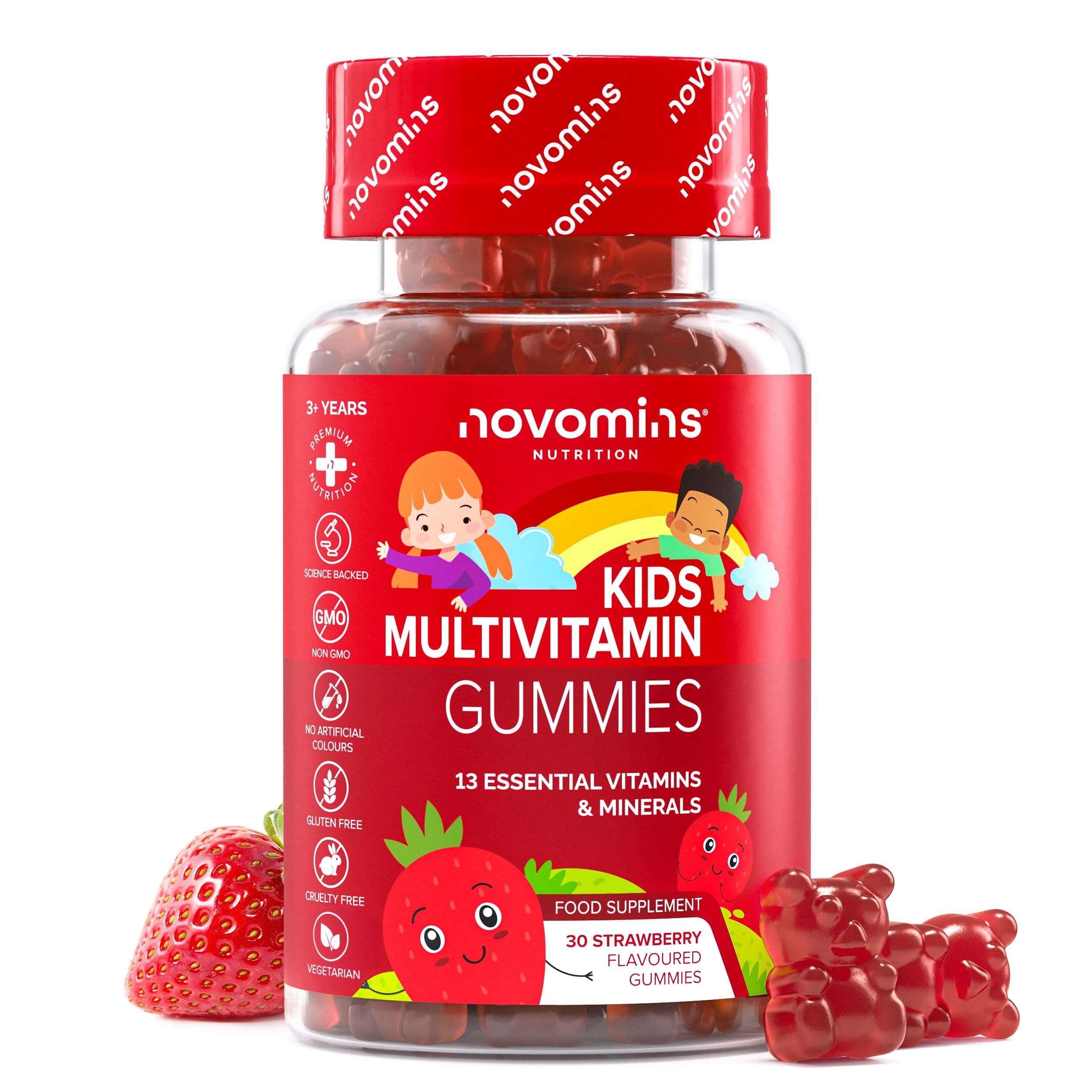 Multivitaminas Niños - 30 Gominolas - Vitaminas Niños con Vitamina C, D, A, E, B12, Zinc, Inositol - Vegano - Multivitaminas Sabor Fresa - Sin Gluten Multivitaminico - Novomins