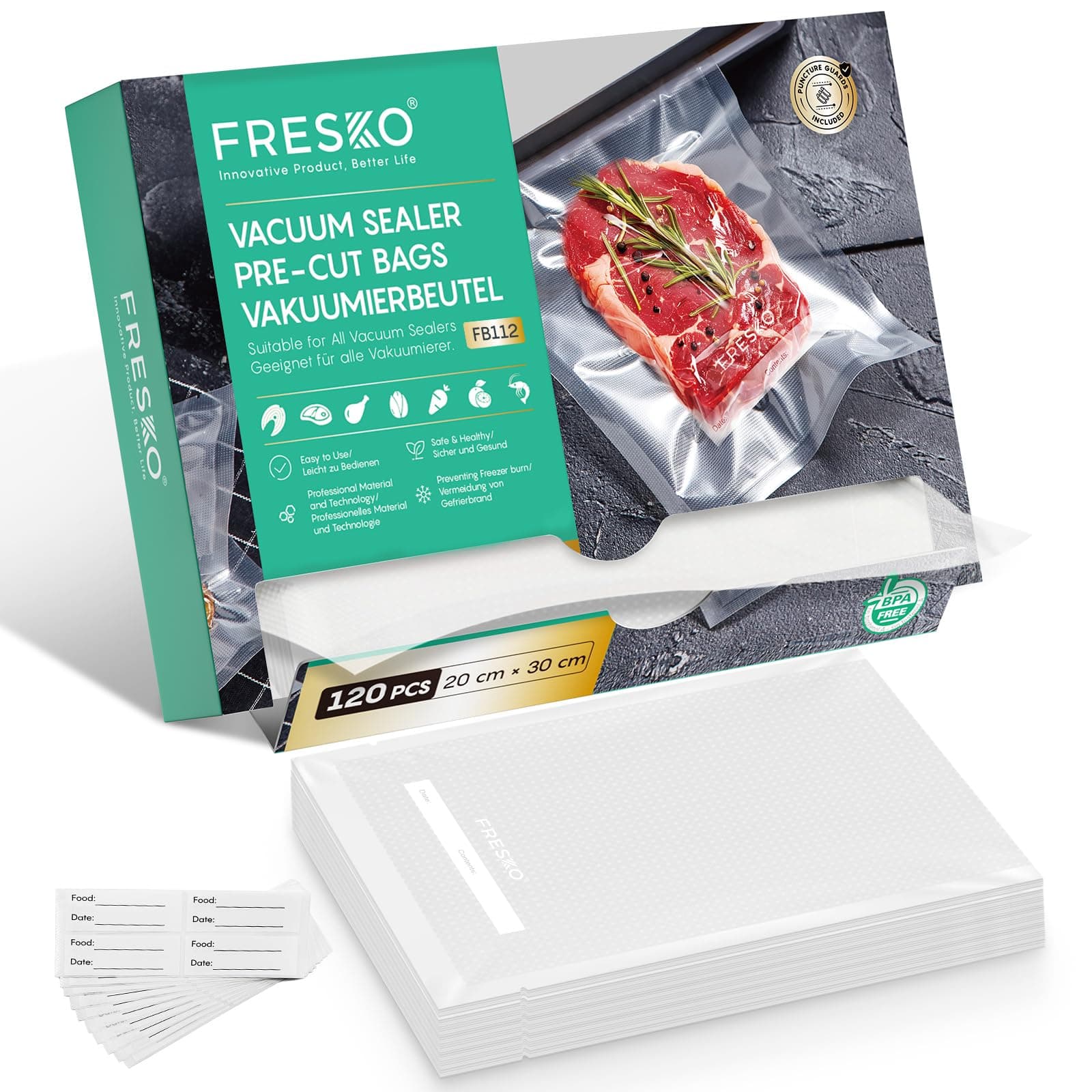 FRESKO Sacs Sous Vide Alimentaire, 20x30 cm 120 Sachets, Gaufrés Commerciaux, Conservation, Congélation et Cuisson Sous Vide, sans BPA, adaptés à Toutes les Machine