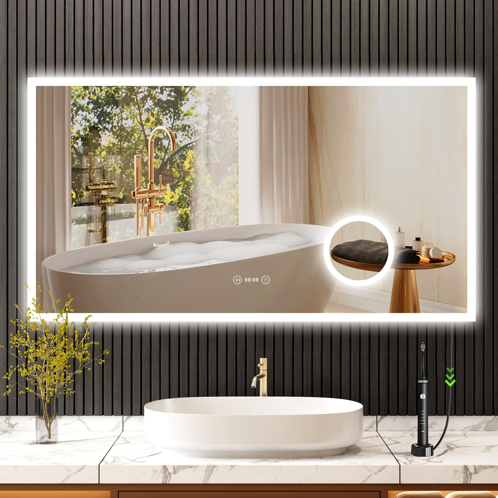 YOLEO Miroir de Salle de Bain avec éclairage, Miroir LED avec Horloge, Température, Grossissement 3X, Miroir Mural avec Prise électrique, antibuée, 3 Couleurs de Lumière réglables, 100 x 60 cm