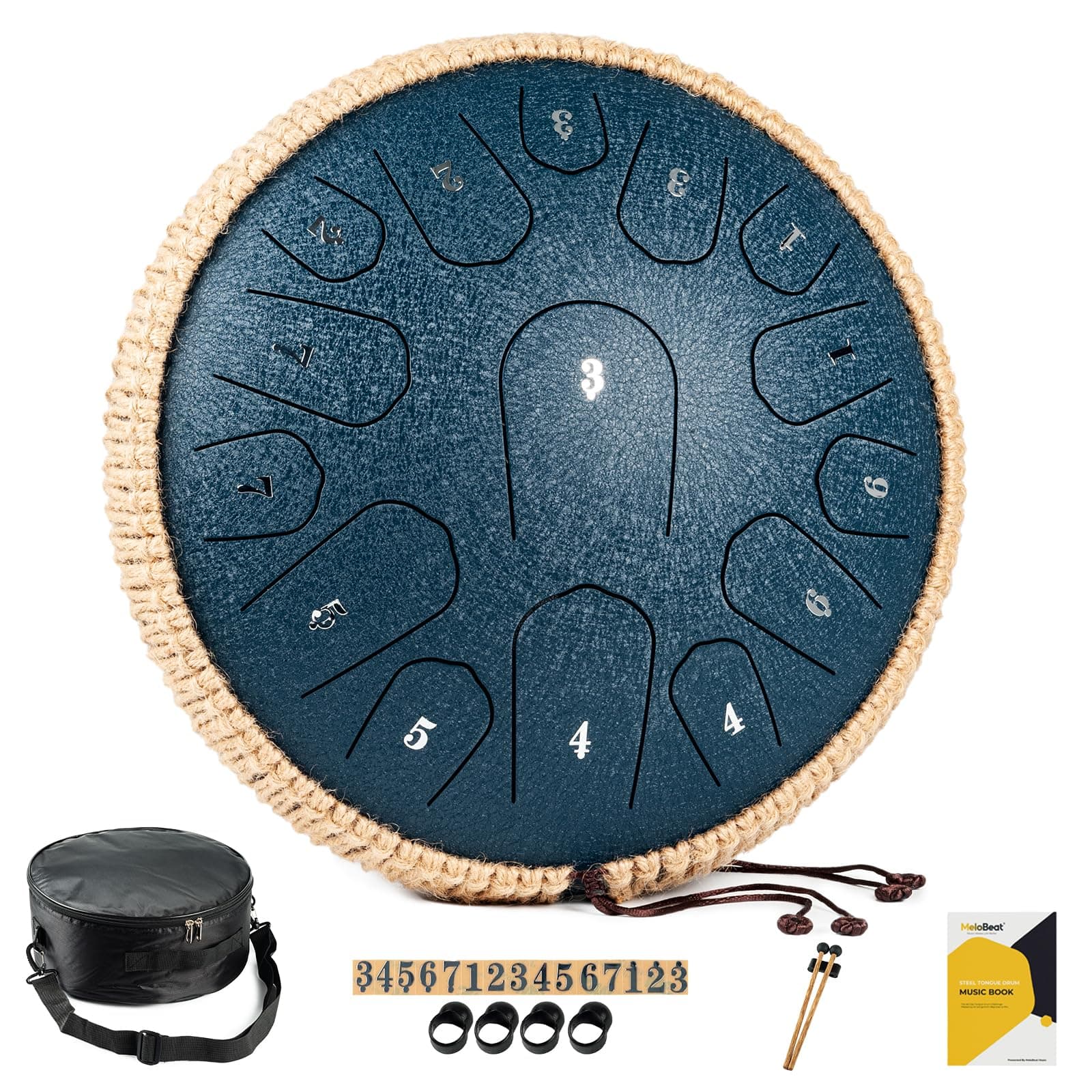 MeloBeat Tongue Drum Handpan - Tambour à Langue 13 Pouces 15 Notes - Ensemble Professionnel de Tambour a Langue en Acier en Ré Majeur Inclus Livre de Chansons de Tambour à Langue, D key (Bleu Foncé)