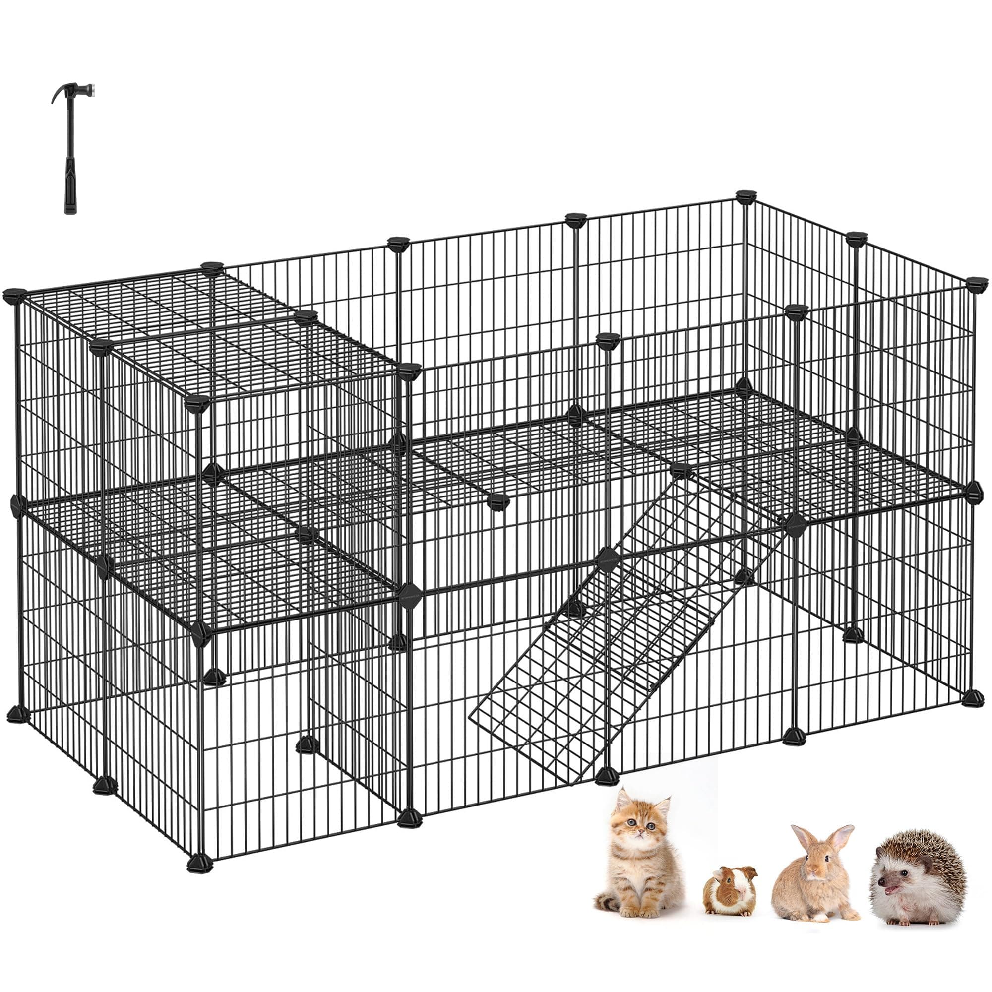 SONGMICS Clôture pour Animaux Domestiques, 2 Niveaux, Enclos Modulable, pour Petits Animaux, Hamsters, Lapins, Cochon d’Inde, Panneaux Grillagés, Usage Intérieur, 143 x 73 x 71 cm, Noir LPI02H