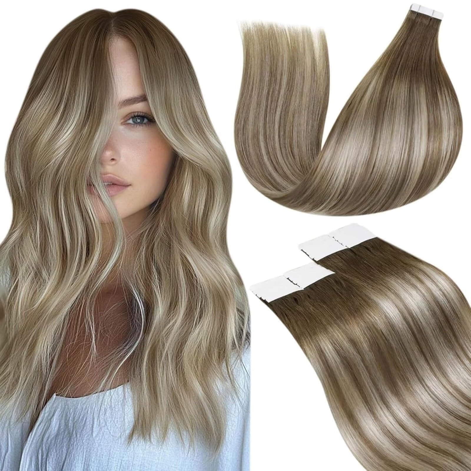 LaaVoo Extension Cheveux Naturel Adhésif – Balayage Marron Clair à Platine – pour Mariage – 45cm 20pcs 50g – Cheveux Humains Remy – Facile à Poser – #8/60/8