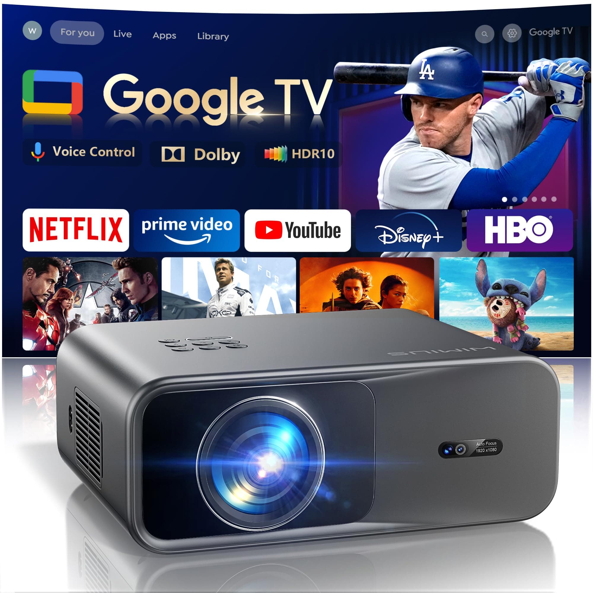 Vidéoprojecteur 4K【Google TV/Dolby】 36000 Lumens Netflix/Disney+ Projecteur 4K Portable Auto Focus/Keystone, Contrôle Vocal, HDR10, Projecteur WiFi6 Bluetooth FHD 1080P Rétroprojecteur Home Cinéma