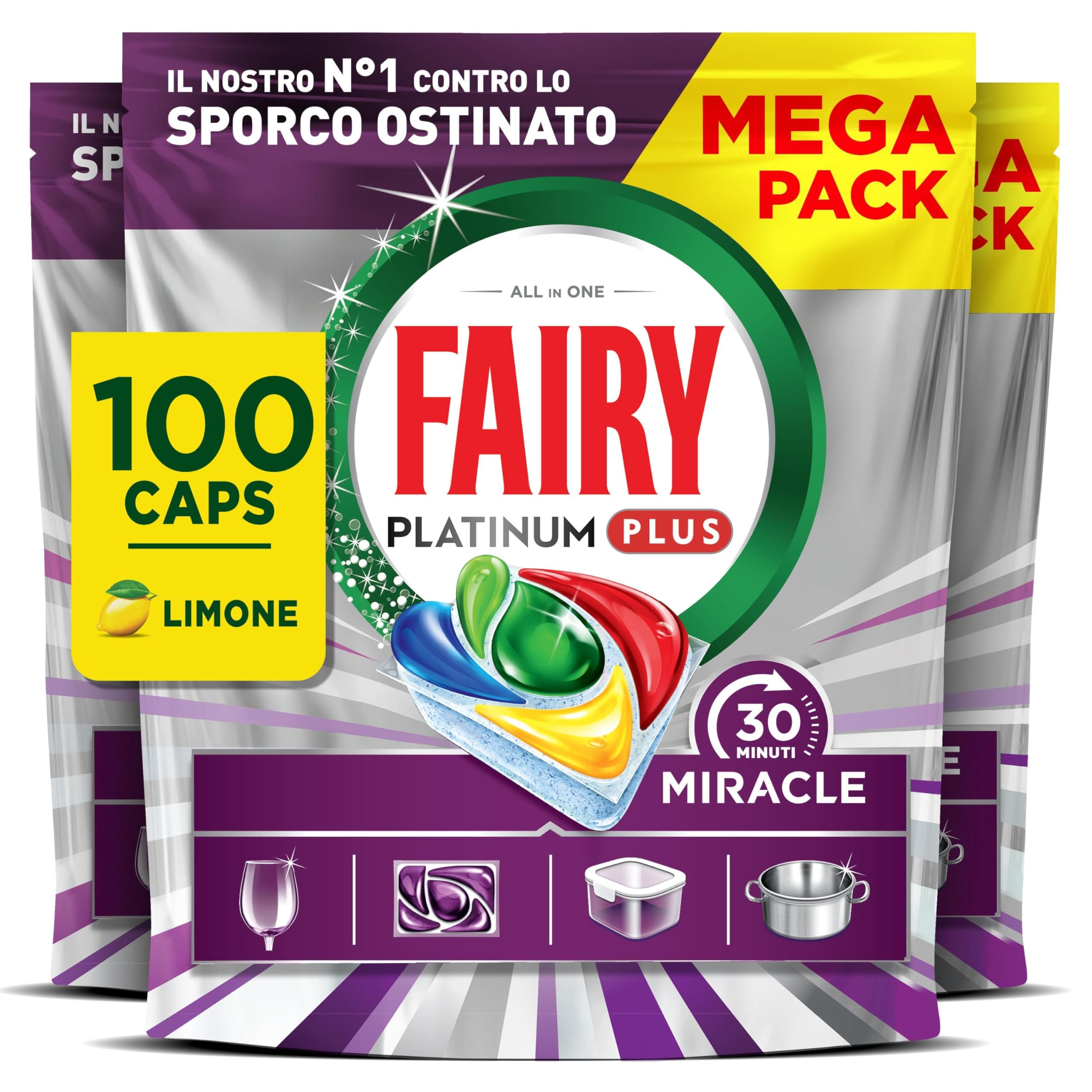 Fairy 30 Minuti Miracle Detersivo Pastiglie Lavastoviglie, 100 Capsule, Limone, Il Nostro N.1 Contro Lo Sporco Ostinato, Potente Anche Nei Cicli Brevi, MEGA Pack