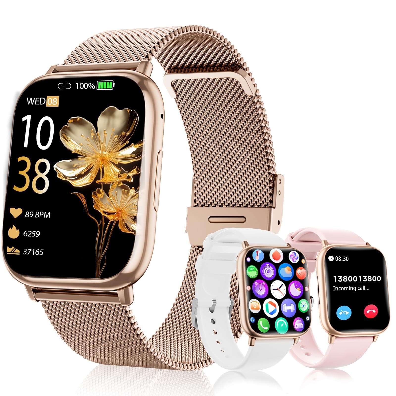 Reloj Inteligente Mujer 1.83" HD Pantalla Táctil Smartwatch con Llamadas Bluetooth Fitness Tracker 120+ Modos Deportivos Pulsometro SpO2 Presión Arterial IP68 Monitor de Sueño Android iOS (Oro rosa)