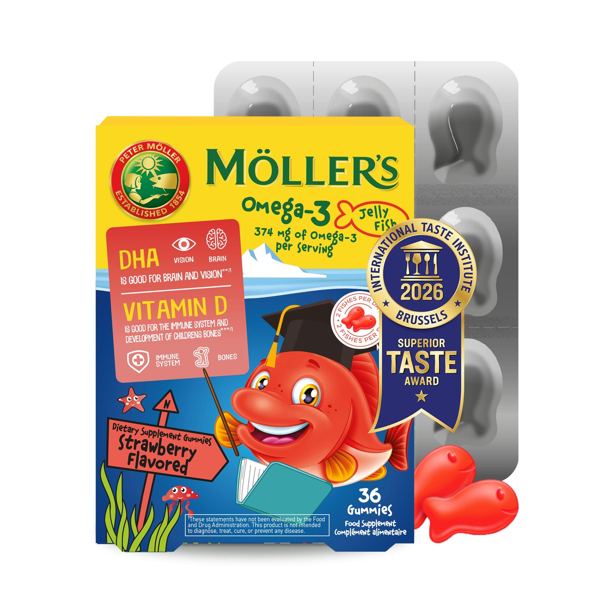 Möller's Omega 3 Kapseln für Kinder | Natürliche Omega 3 Fischtran mit Erdbeergeschmack | Mit DHA und EPA | Leicht zu kauen | Ohne Gluten, Laktose und Zucker | 36 Stück